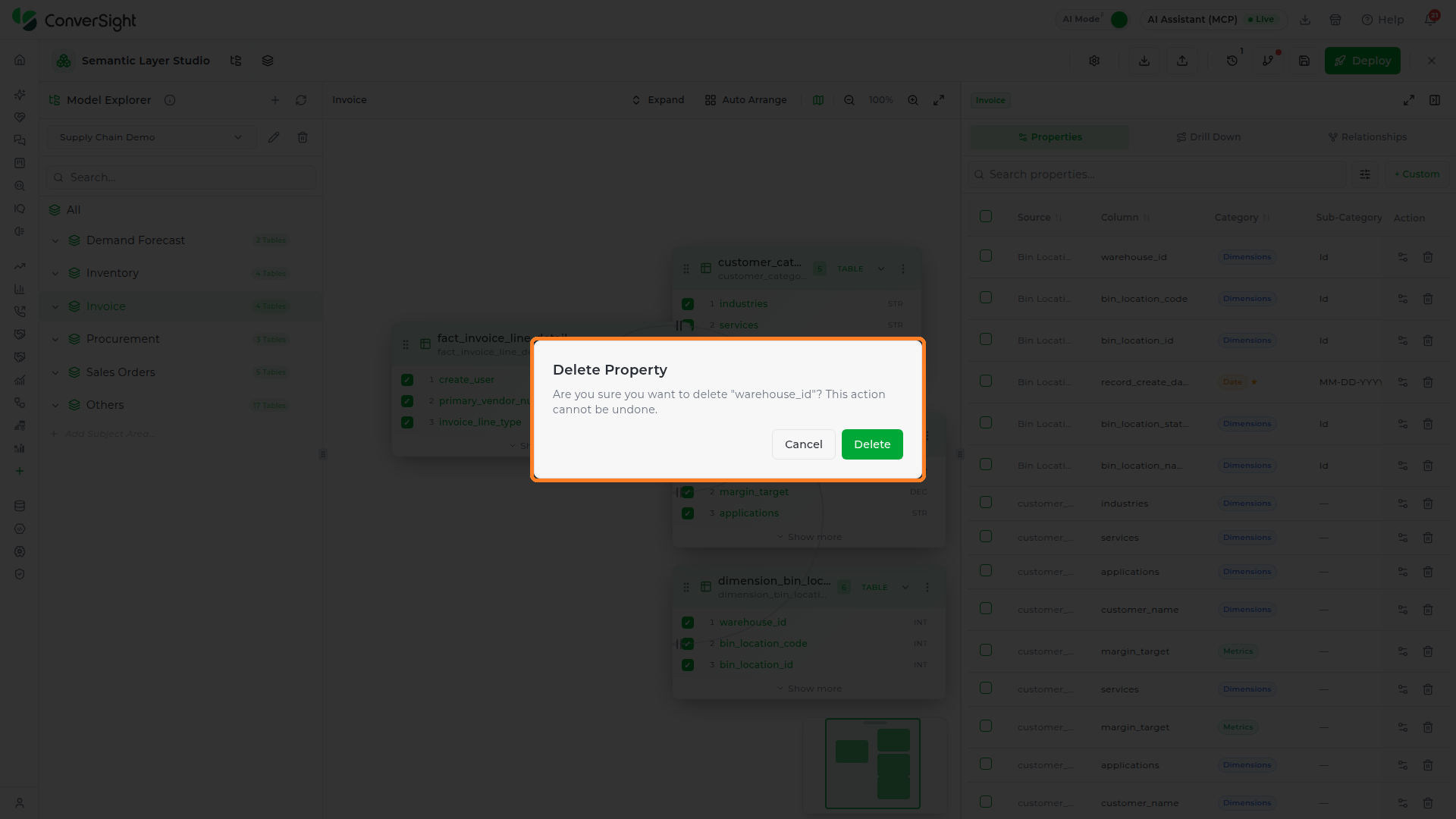 Delete Property confirmation naming the property, with the Cancel and Delete buttons