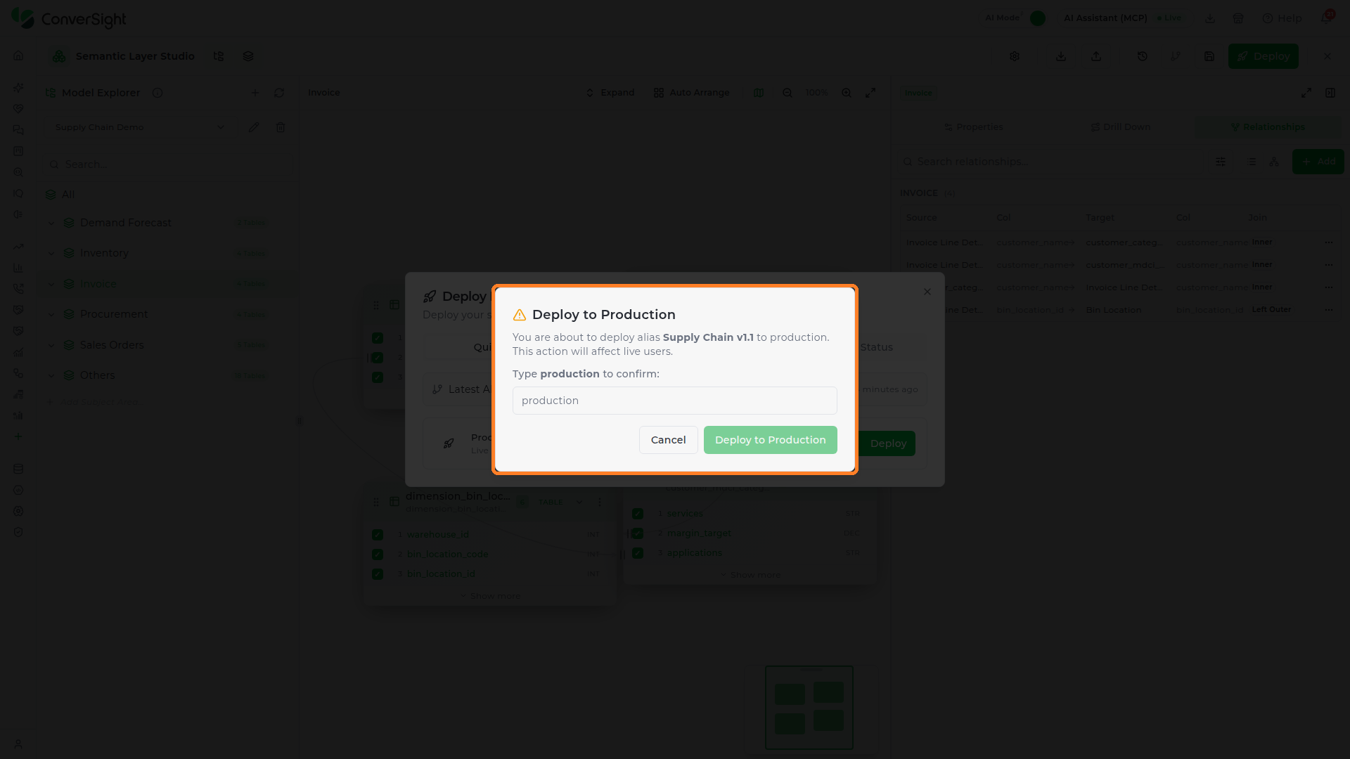 Deploy to Production confirmation asking you to type production to confirm