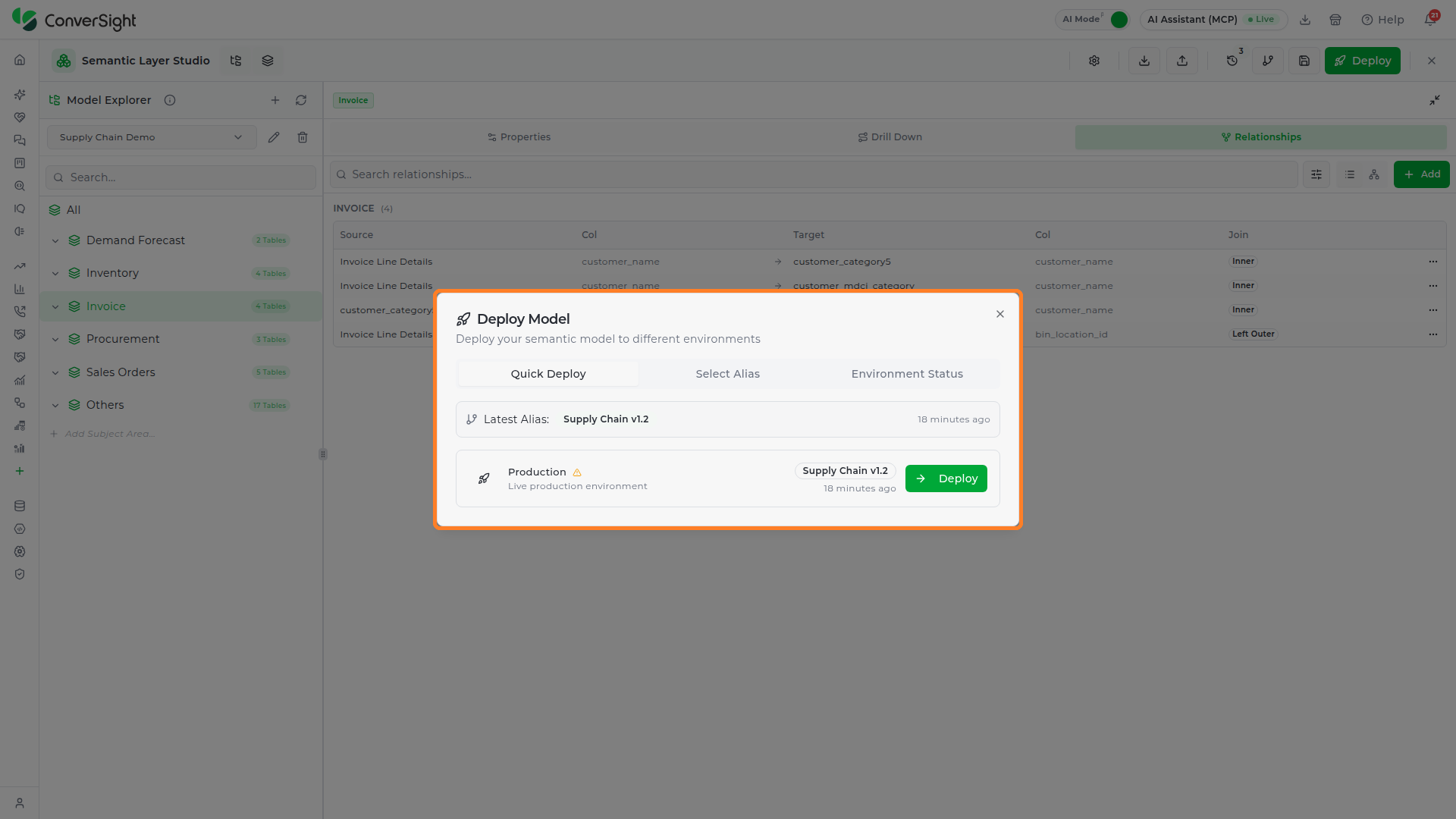 Deploy Model dialog on the Quick Deploy tab, showing the latest alias and the version live in Production