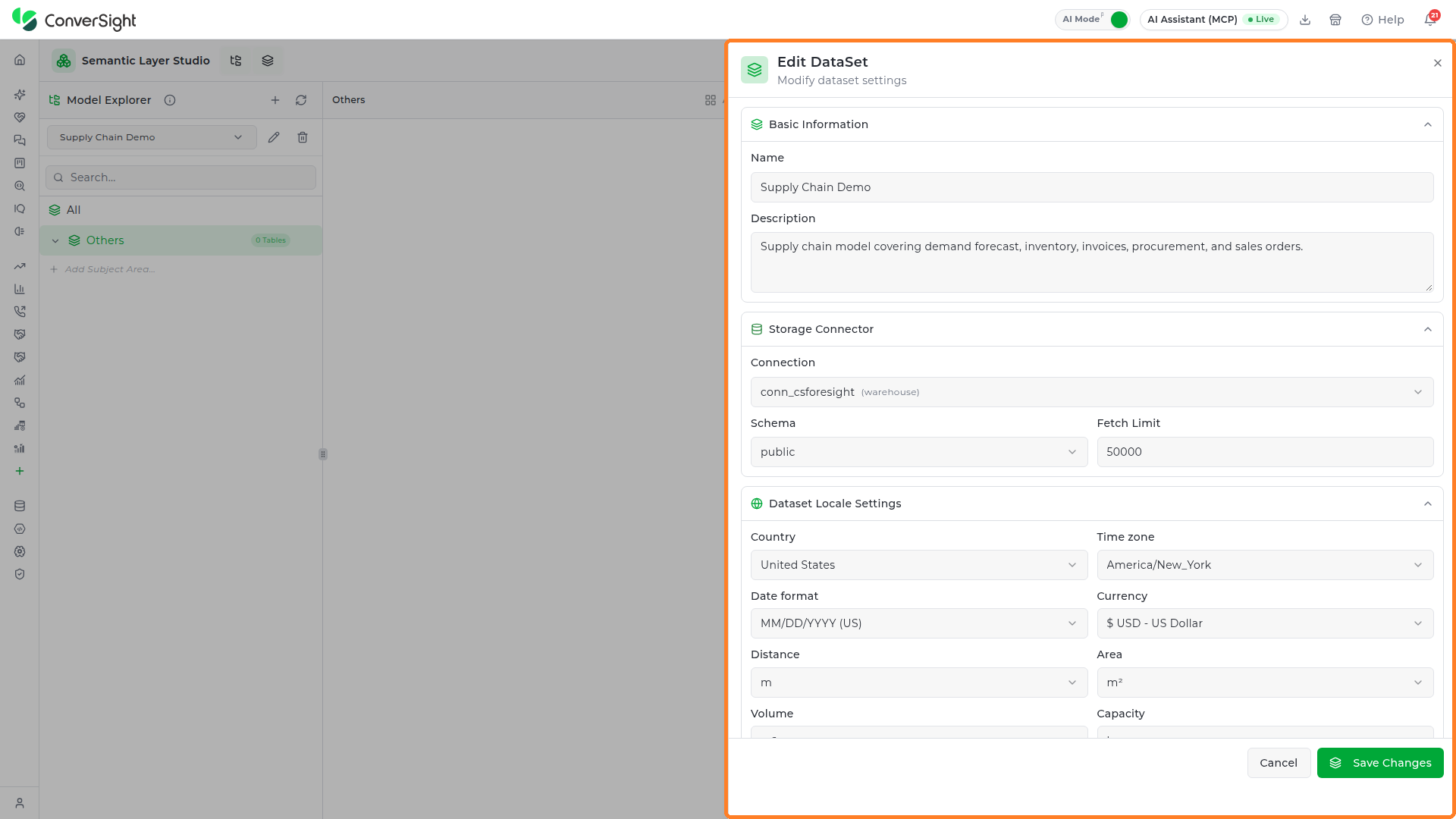 Edit DataSet panel showing the Basic Information, Storage Connector, and Dataset Locale Settings sections for Supply Chain V2