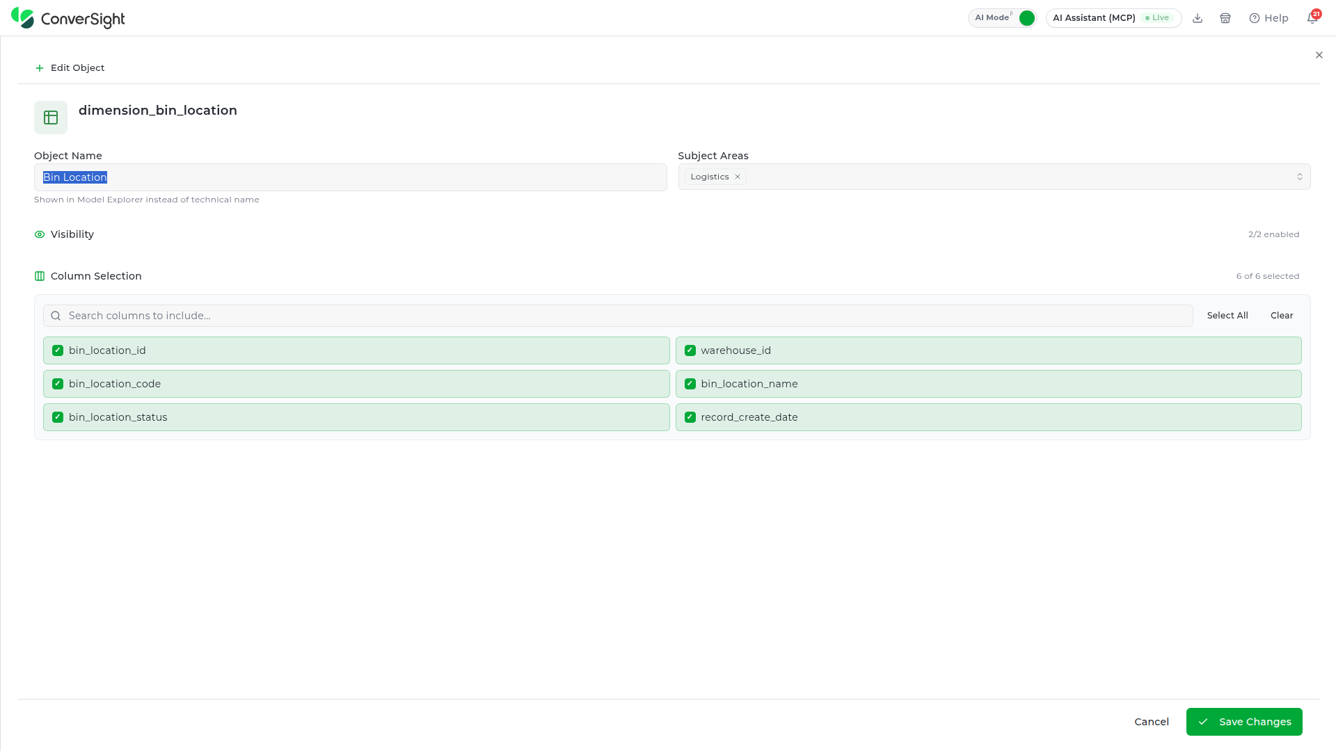 Edit Object panel showing the Object Name, Subject Areas, Visibility, and Column Selection