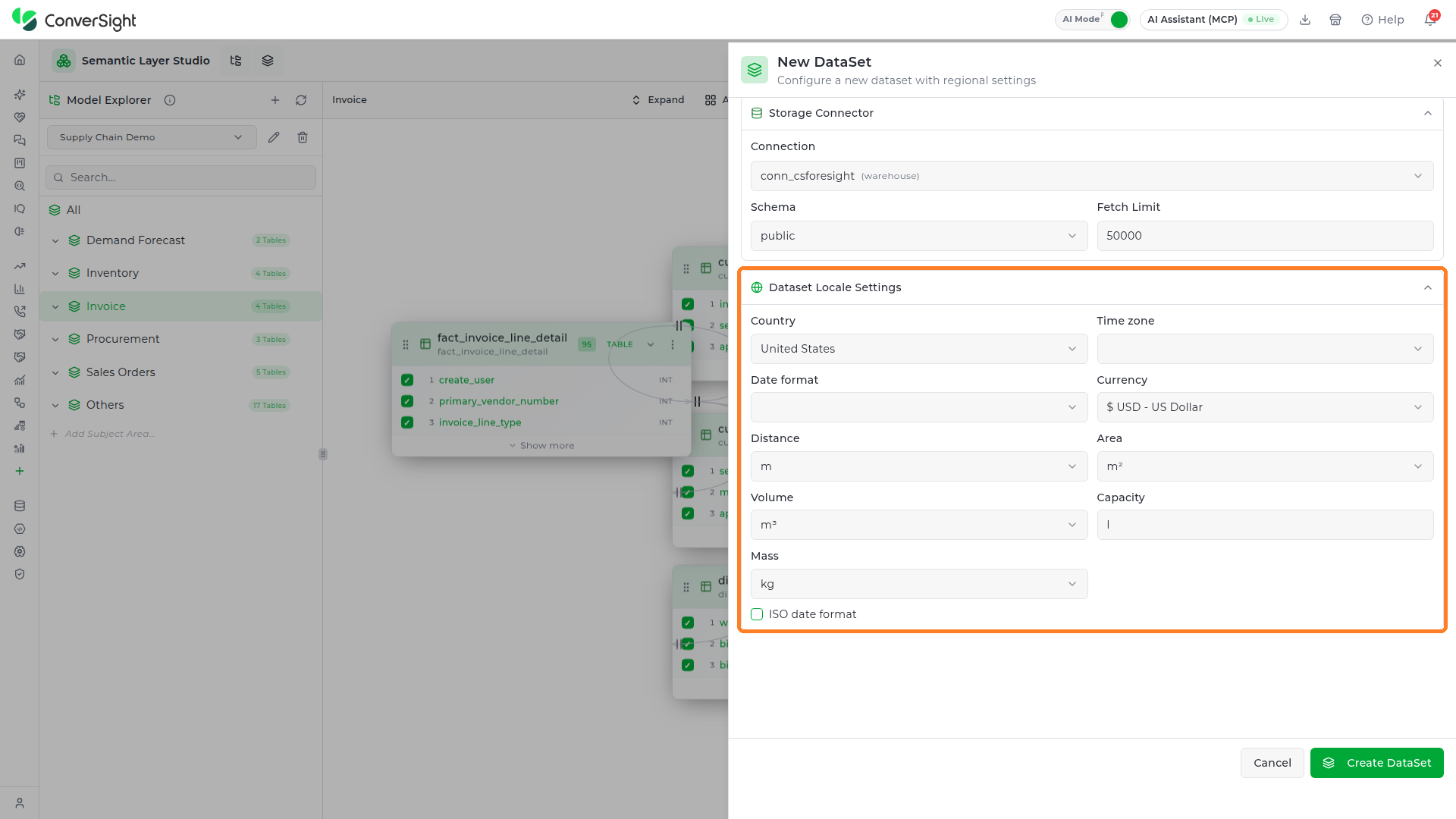 Dataset Locale Settings section showing Country, Time zone, Date format, and Currency fields