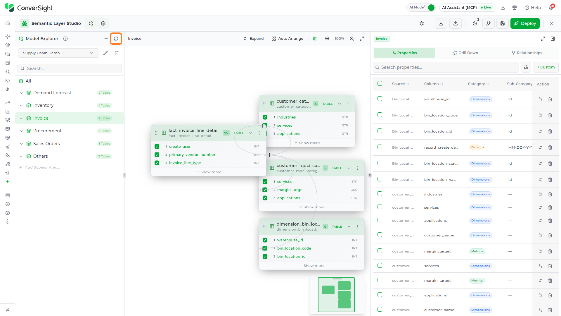 Refresh datasets icon button in the Model Explorer header highlighted