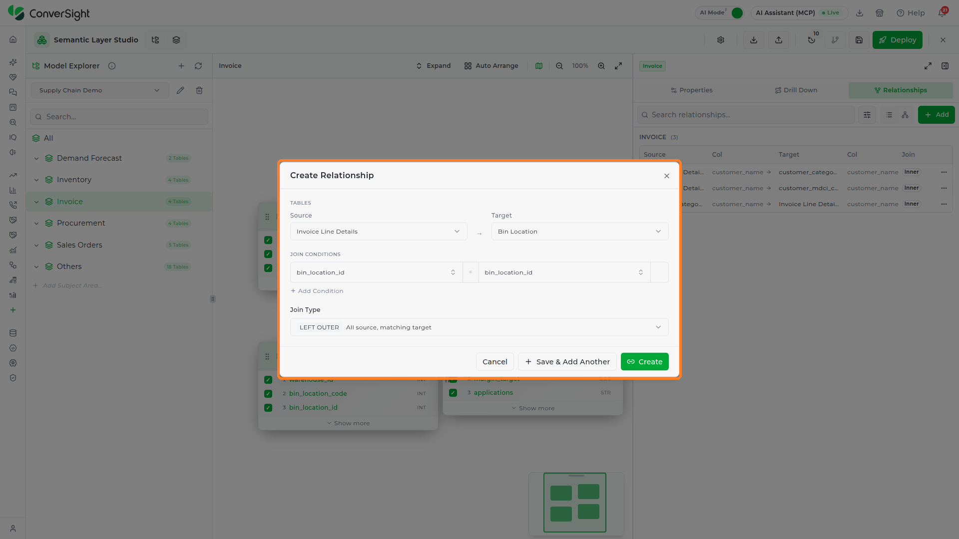 Create Relationship dialog populated with Invoice Line Details as source, Bin Location as target, a bin_location_id join condition, and the LEFT OUTER join type
