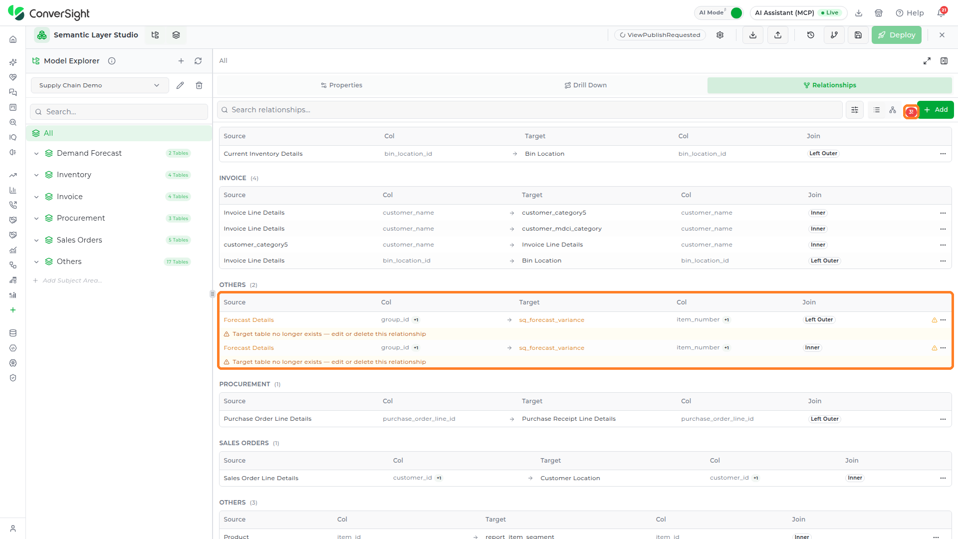 Orphaned relationships in List View, with amber rows, the Target table no longer exists message, and the orphan count badge in the toolbar highlighted