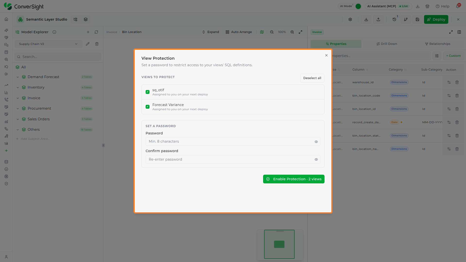 View Protection dialog listing the views to protect, the password fields, and the Enable Protection button