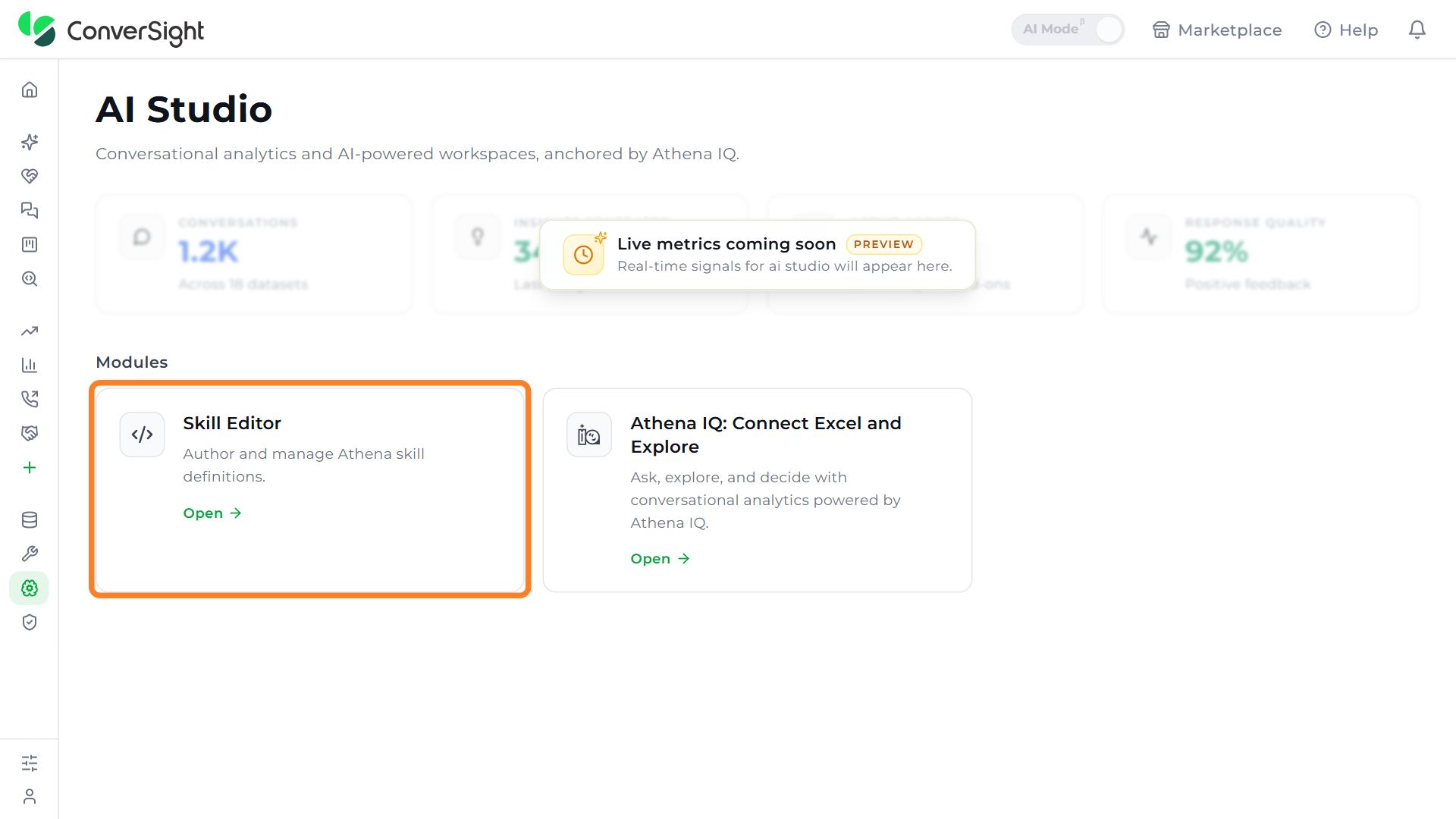 Skill Editor module card highlighted under Modules on the AI Studio page