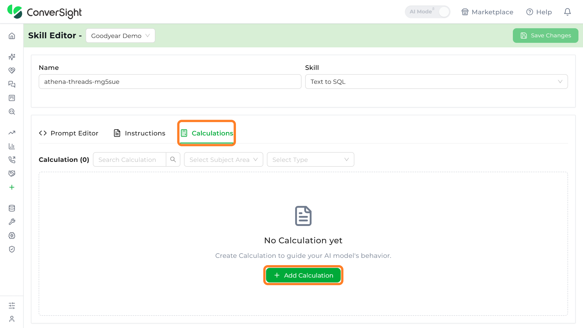 Calculations tab and Add Calculation button highlighted in the Skill Editor