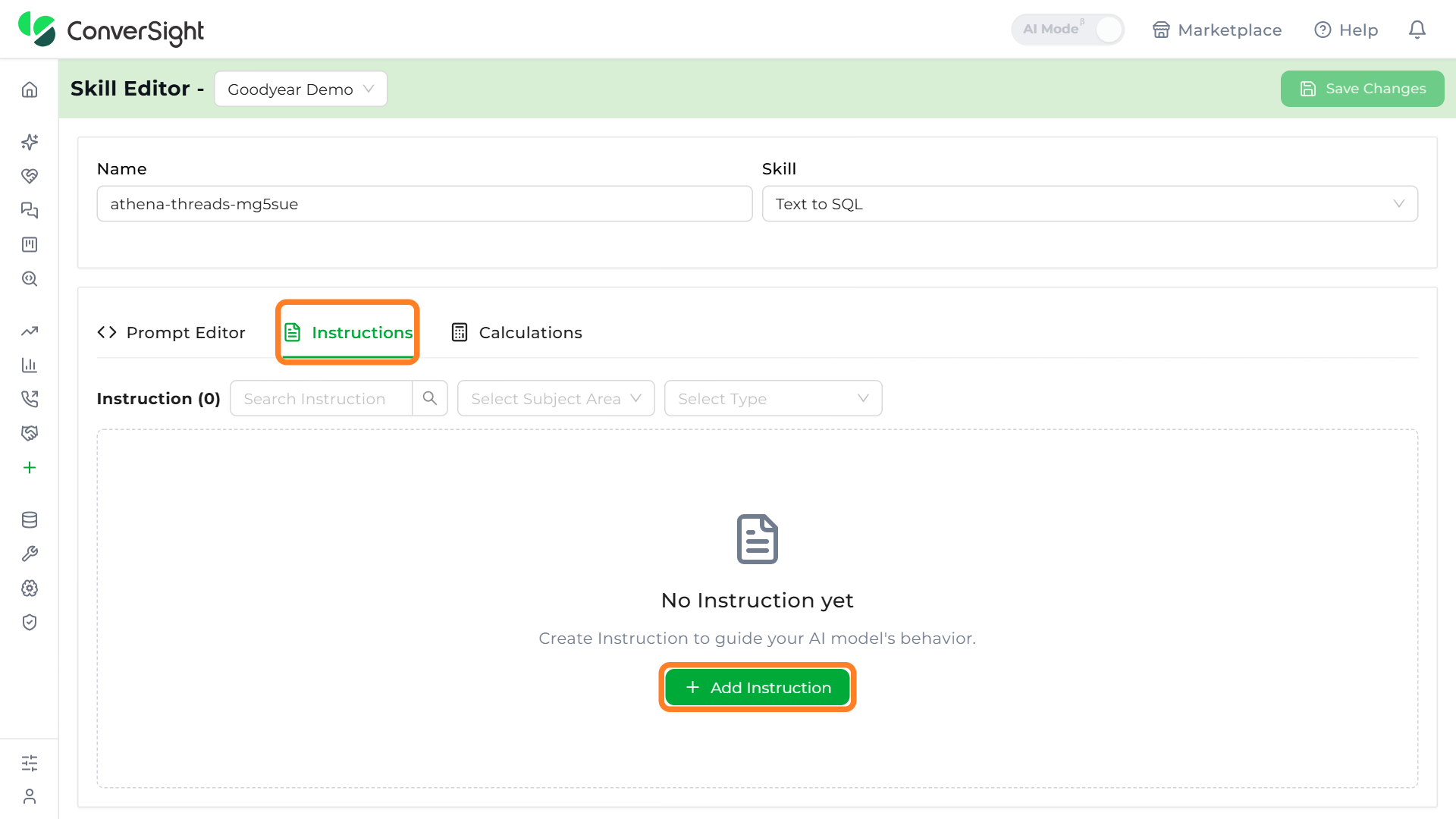 Instructions tab and Add Instruction button highlighted in the Skill Editor