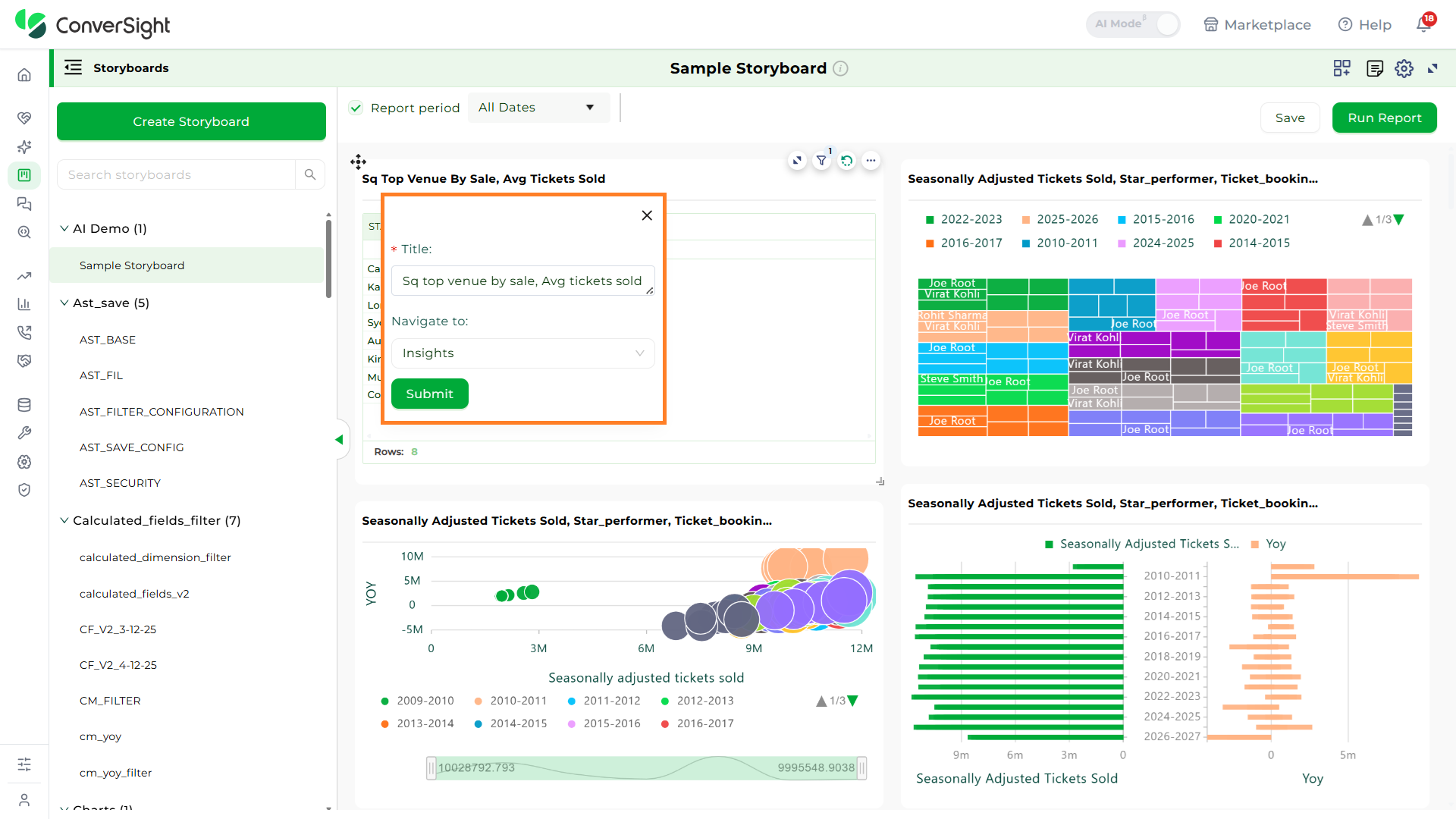 Storyboard Navigate Insights shown under the Linking a Storyboard section of the Storyboards page