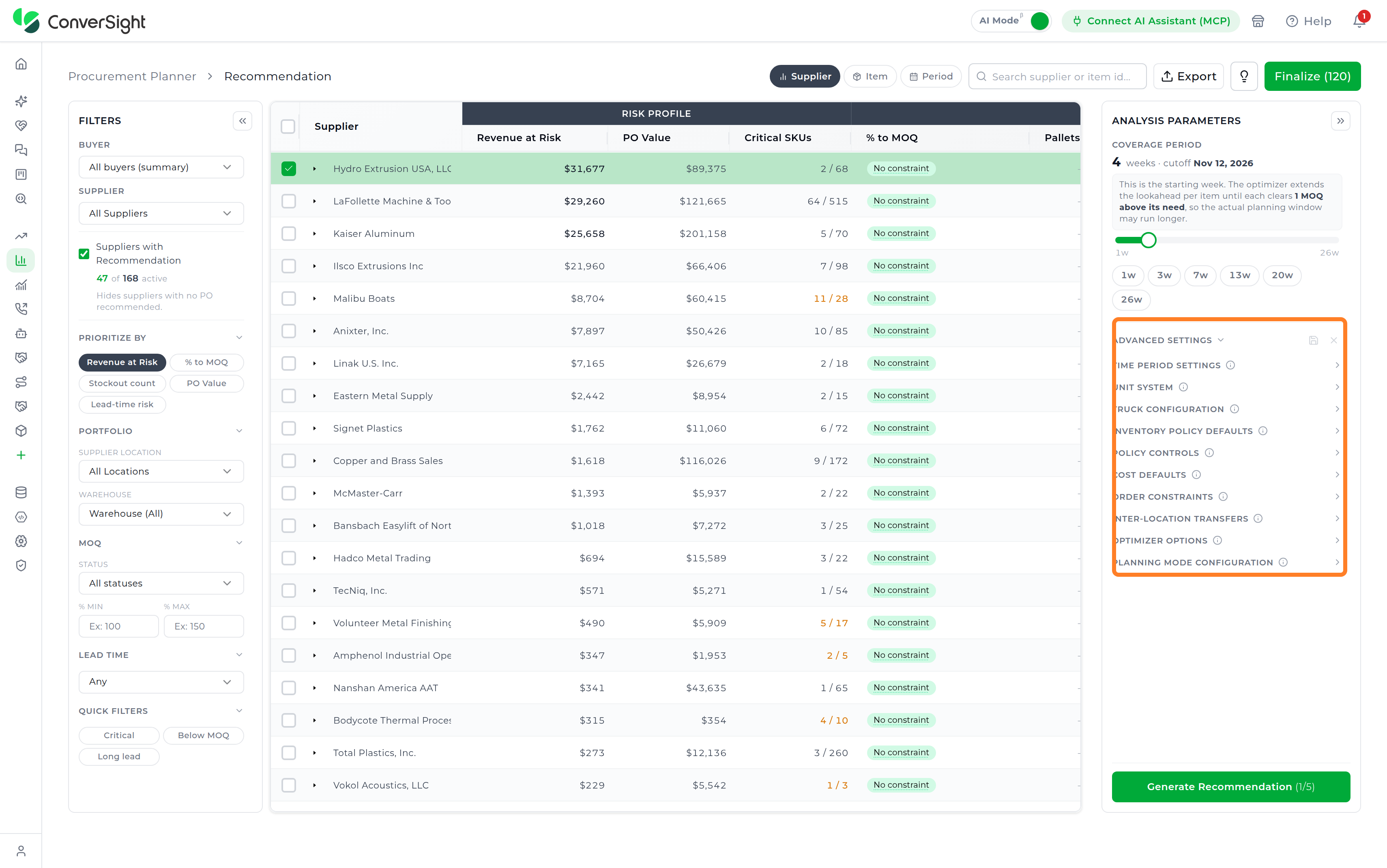 Advanced Settings panel with its configurable categories