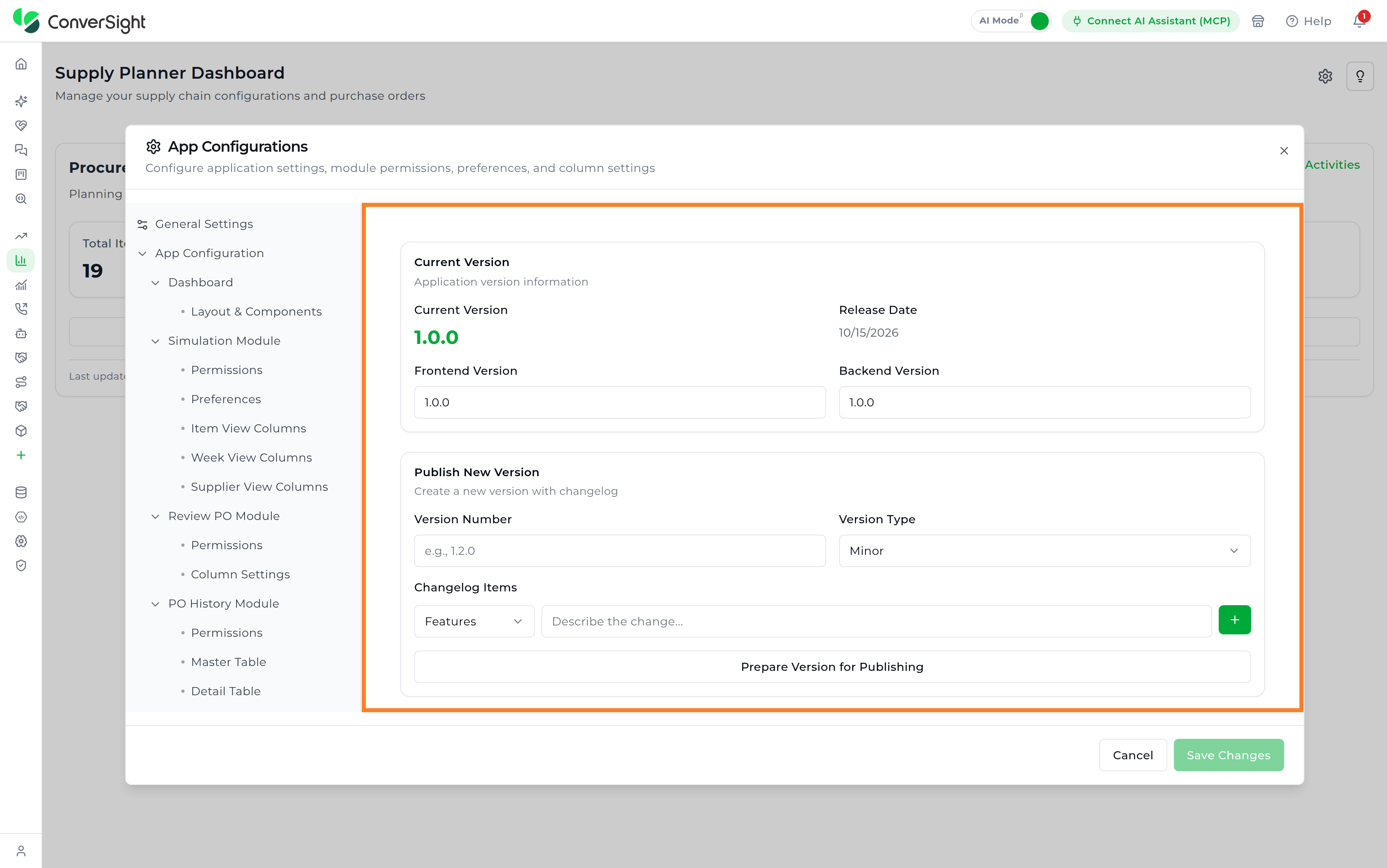 Version Settings page with Current Version and Publish New Version