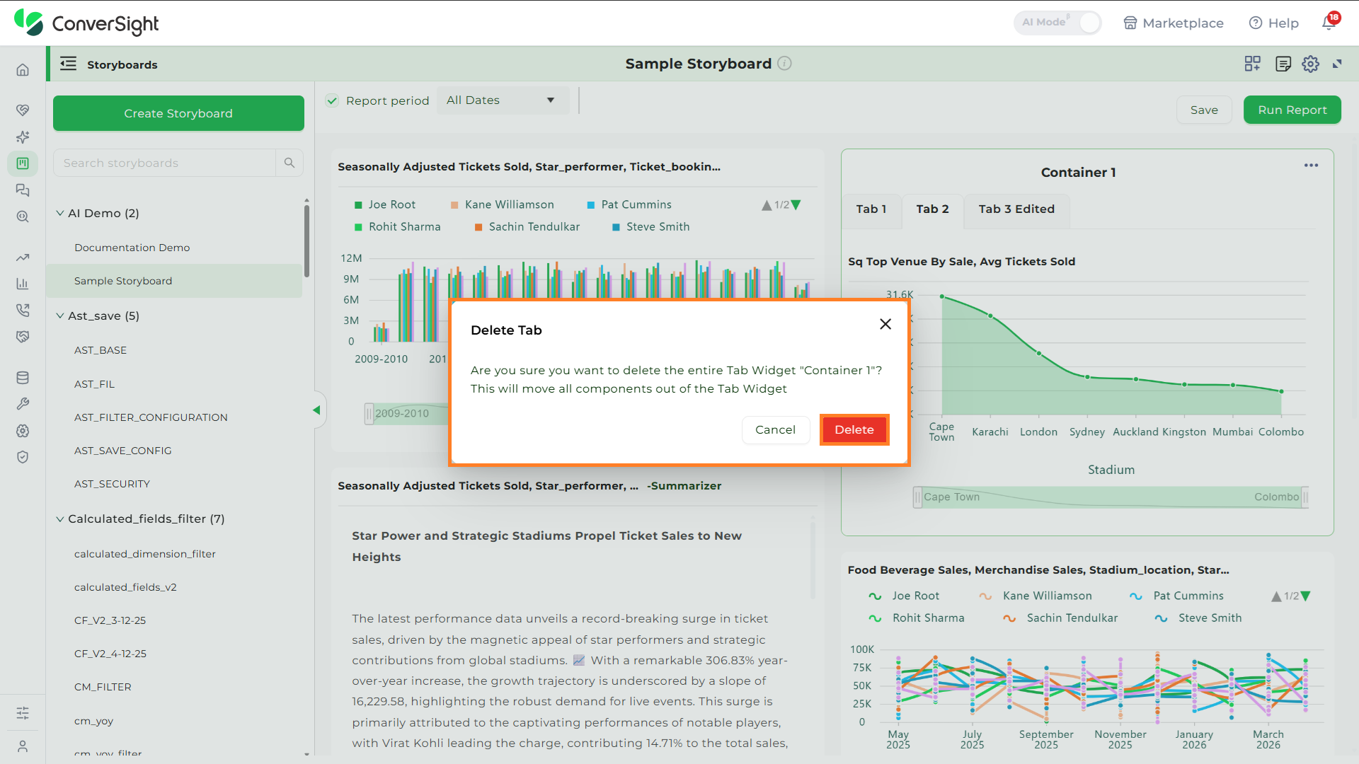 Tab Widget Delete Popup shown under the Tabs section of the Storyboards page