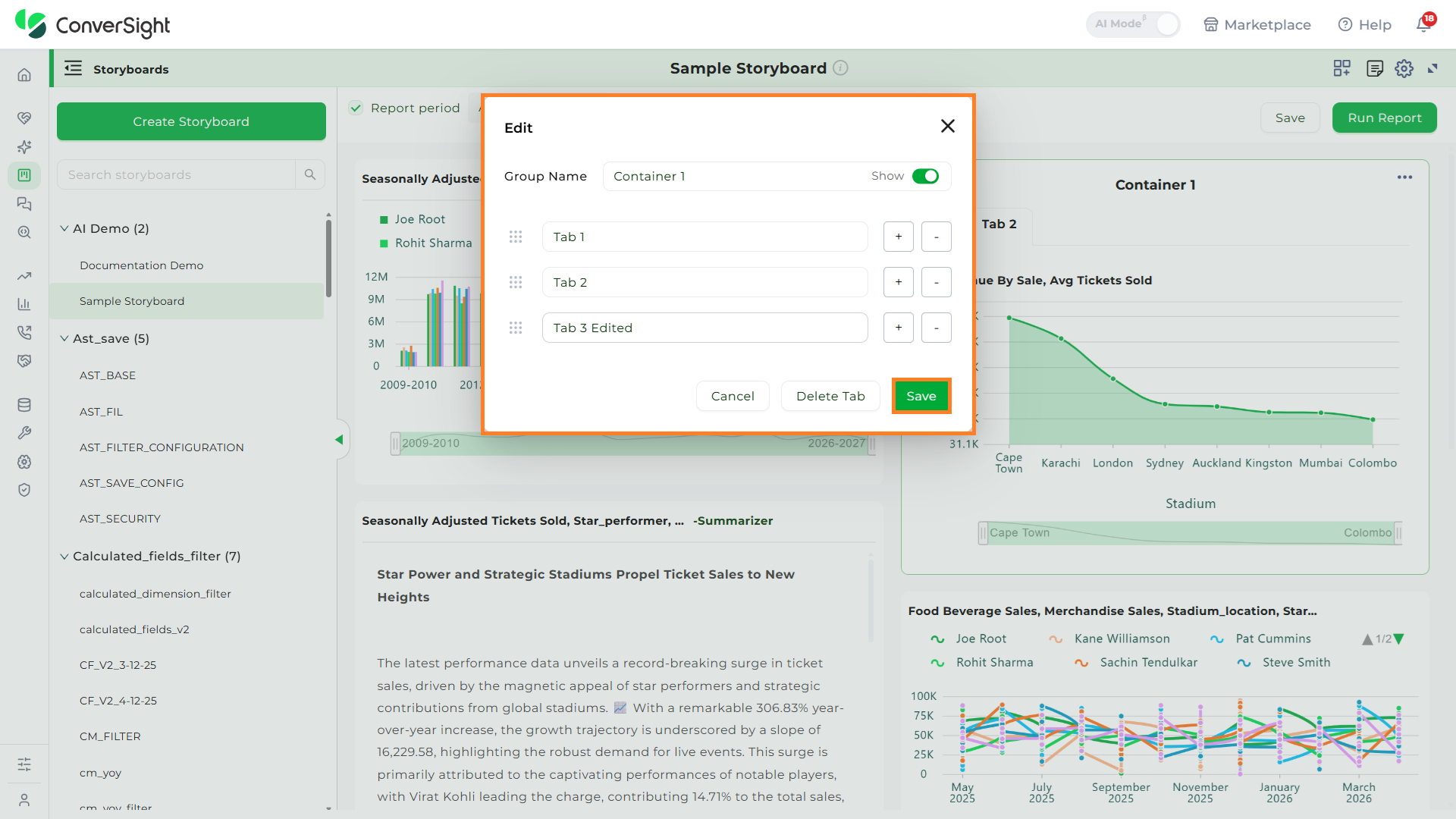 Tab Widget Manage Save shown under the Tabs section of the Storyboards page