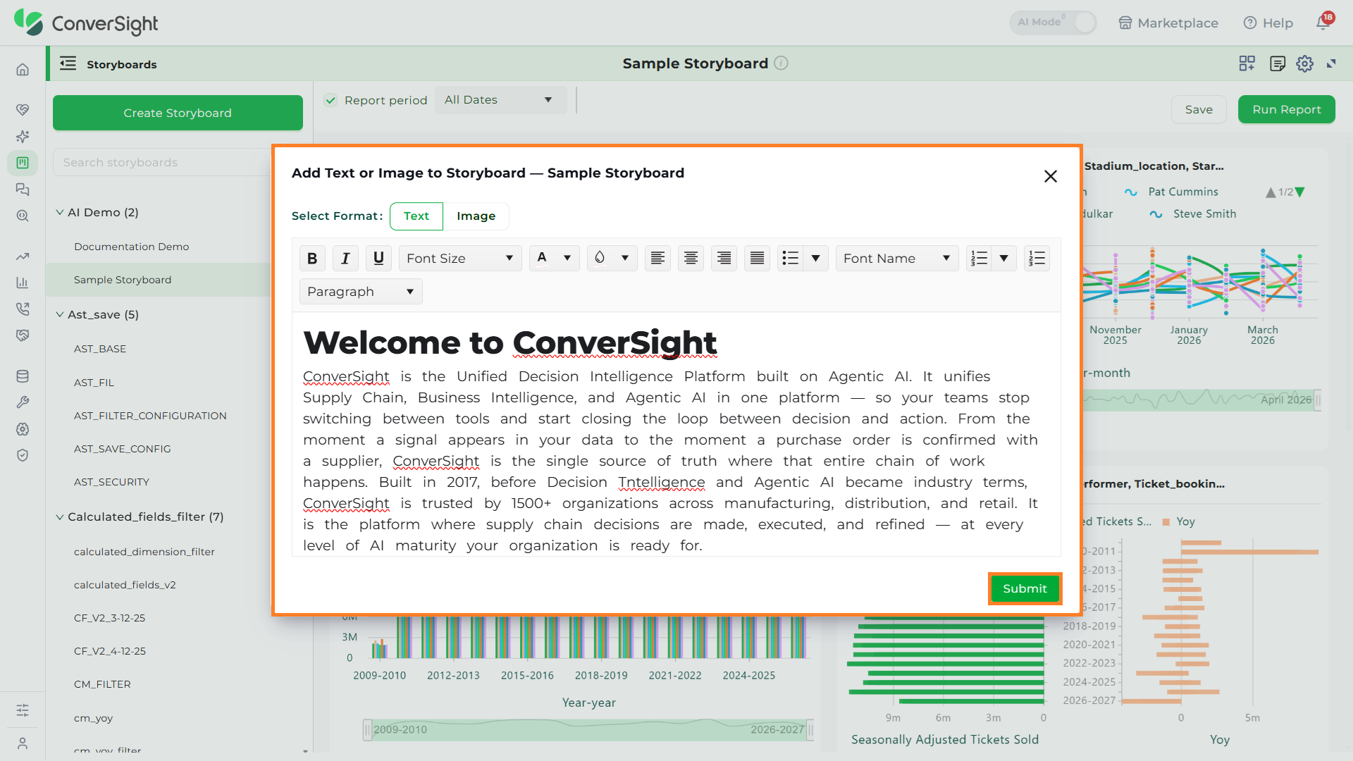 Text Image Widget Submit shown under the Text/Image section of the Storyboards page