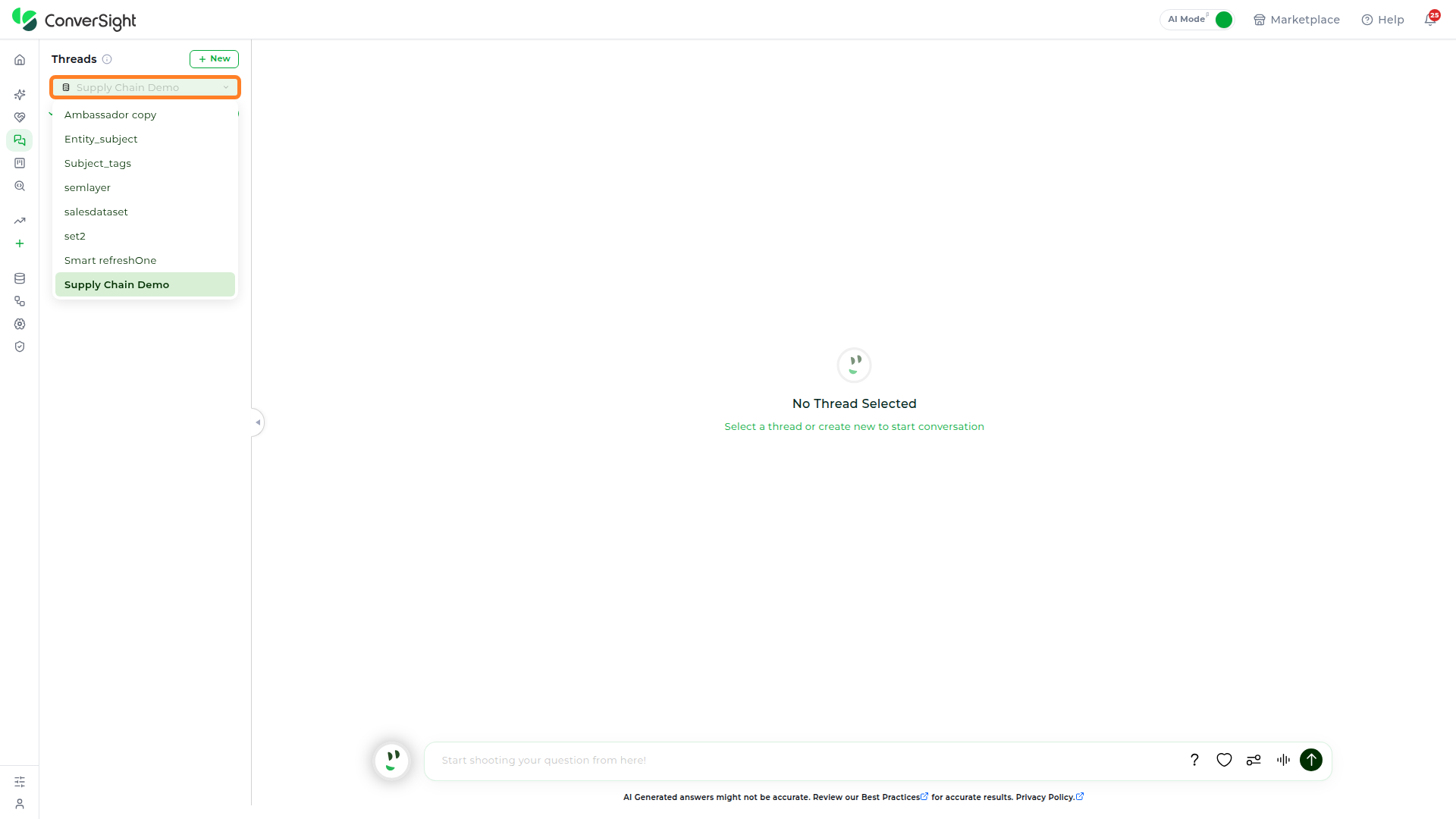 Dataset dropdown open, listing the datasets available to switch between