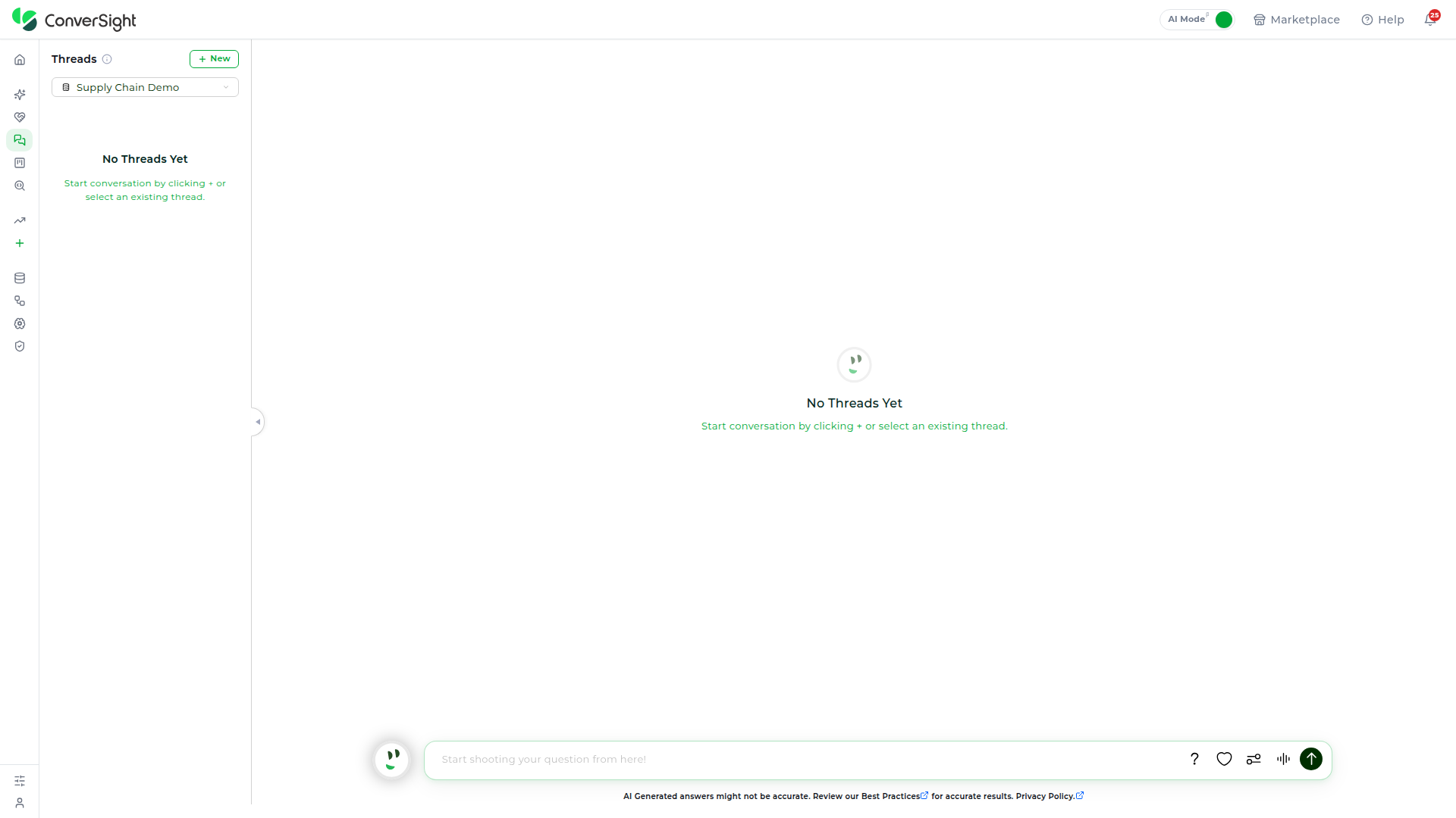 Threads panel showing the Dataset dropdown set to Supply Chain Demo and the empty No Threads Yet state