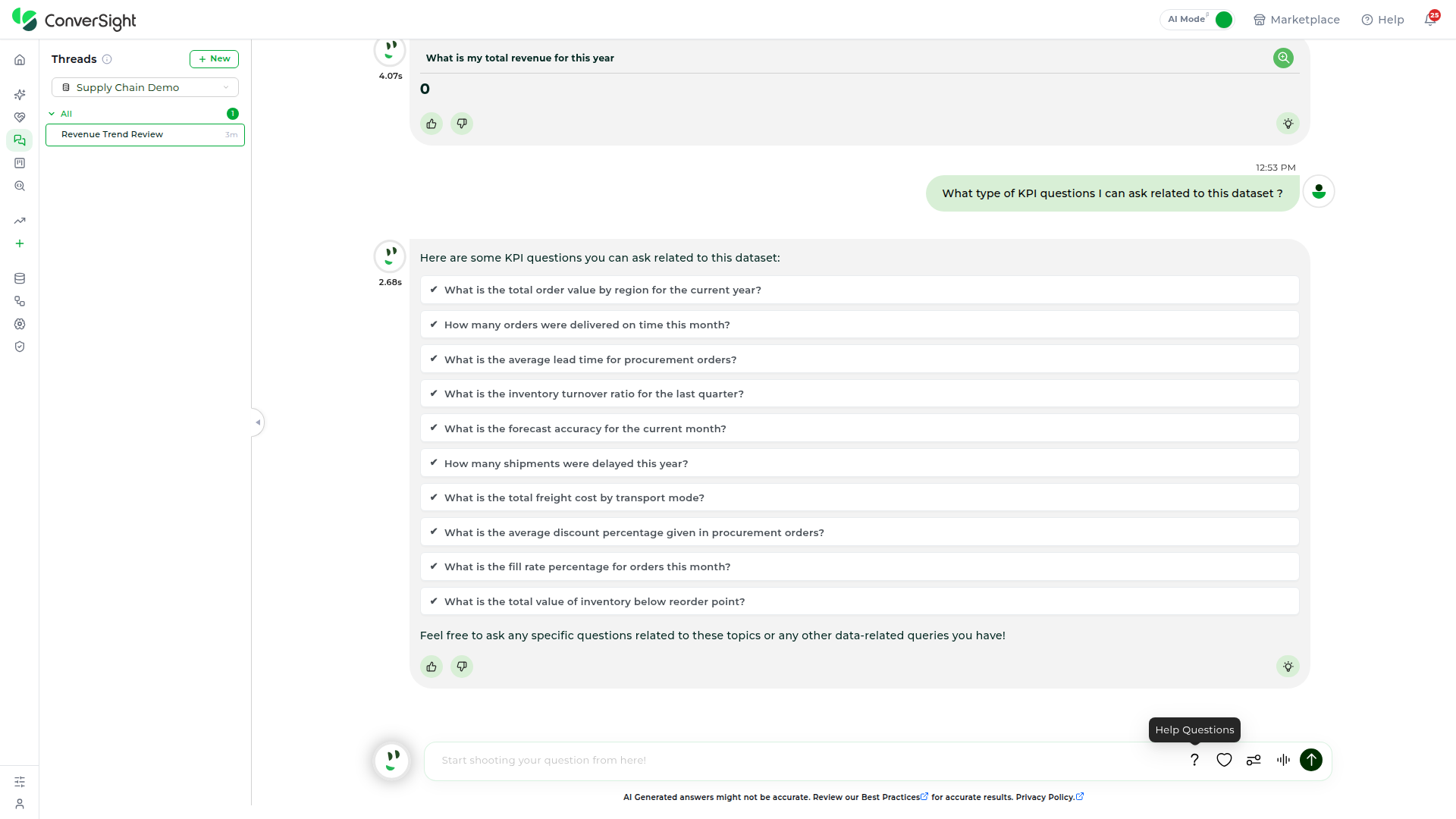 Athena's response to Help Questions, listing sample KPI questions for the active dataset
