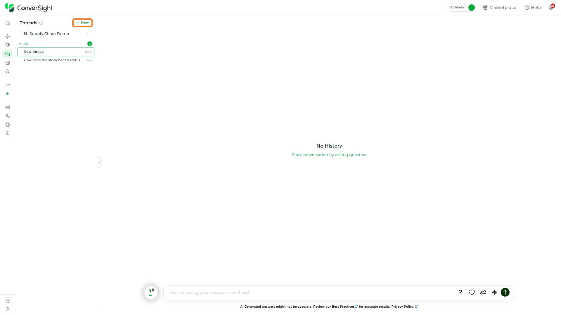 Threads panel showing a newly created thread named New thread with a now timestamp