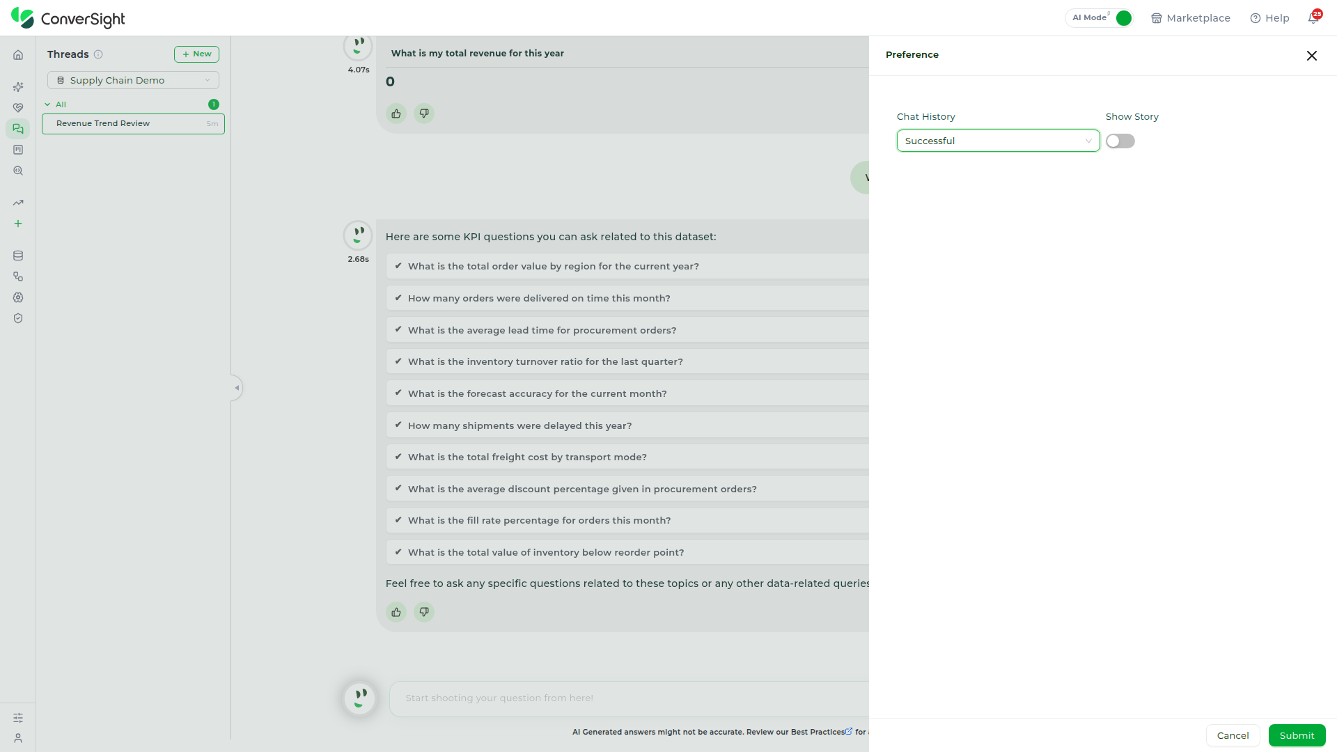 Preference panel showing the Chat History dropdown and the Show Story toggle