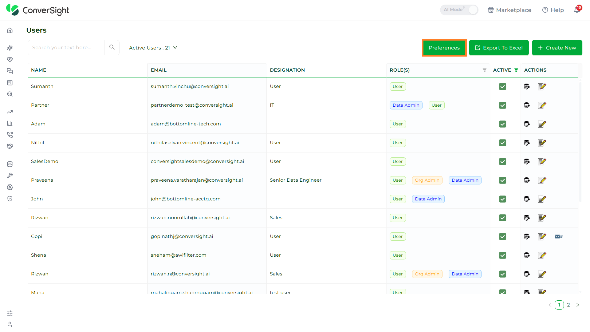 Preferences button highlighted on the User Management page
