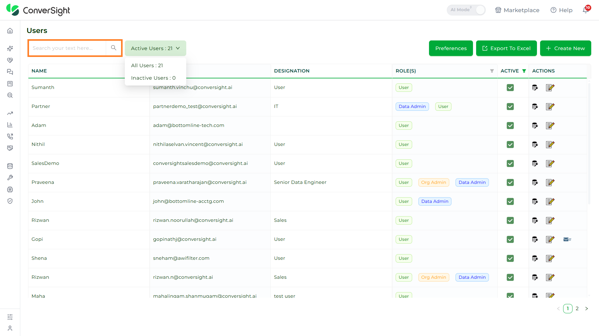 Search option highlighted on the User Management page