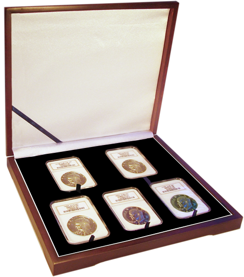 Wood Display Box for 5 Coin Slabs - Dark Mahogany