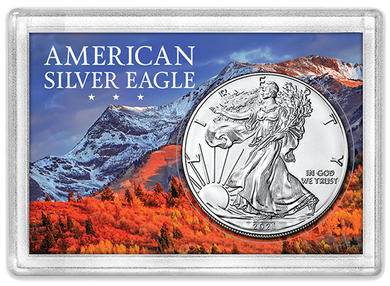 1 oz American Silver Eagle Frosty Case ( 1 Coin ) - Snow-Capped Mountain