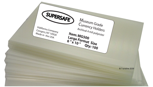 SuperSafe MG500 Museum Grade Currency Holders, Large Format, 6 x 10