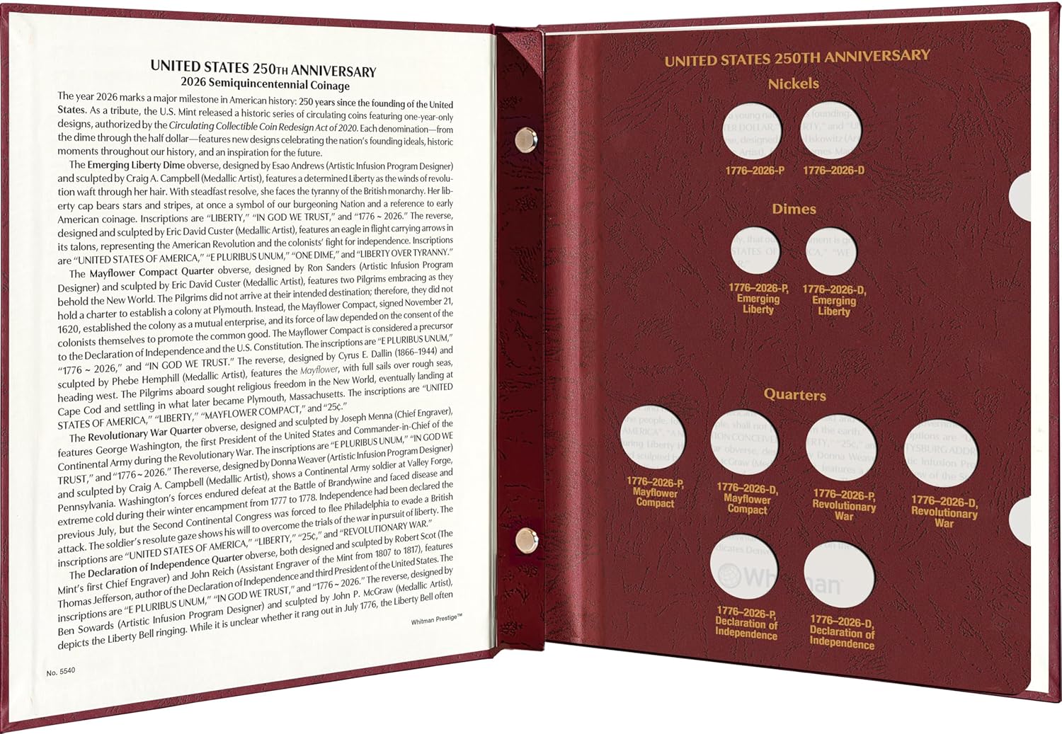 Whitman Prestige United States 250th Anniversary Collection: 2026 Date & Mintmark Set - Burgundy