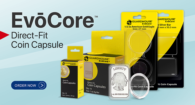 Guardhouse EvoCore Direct Fit coin capsules retail and ten packs with an image of a capsulated silver bar and a loose, empty coin capsule