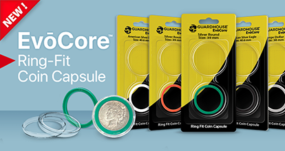 Guardhouse EvoCore ring fit coin capsules in retail packs and a large dollar in a green ring fit capsule