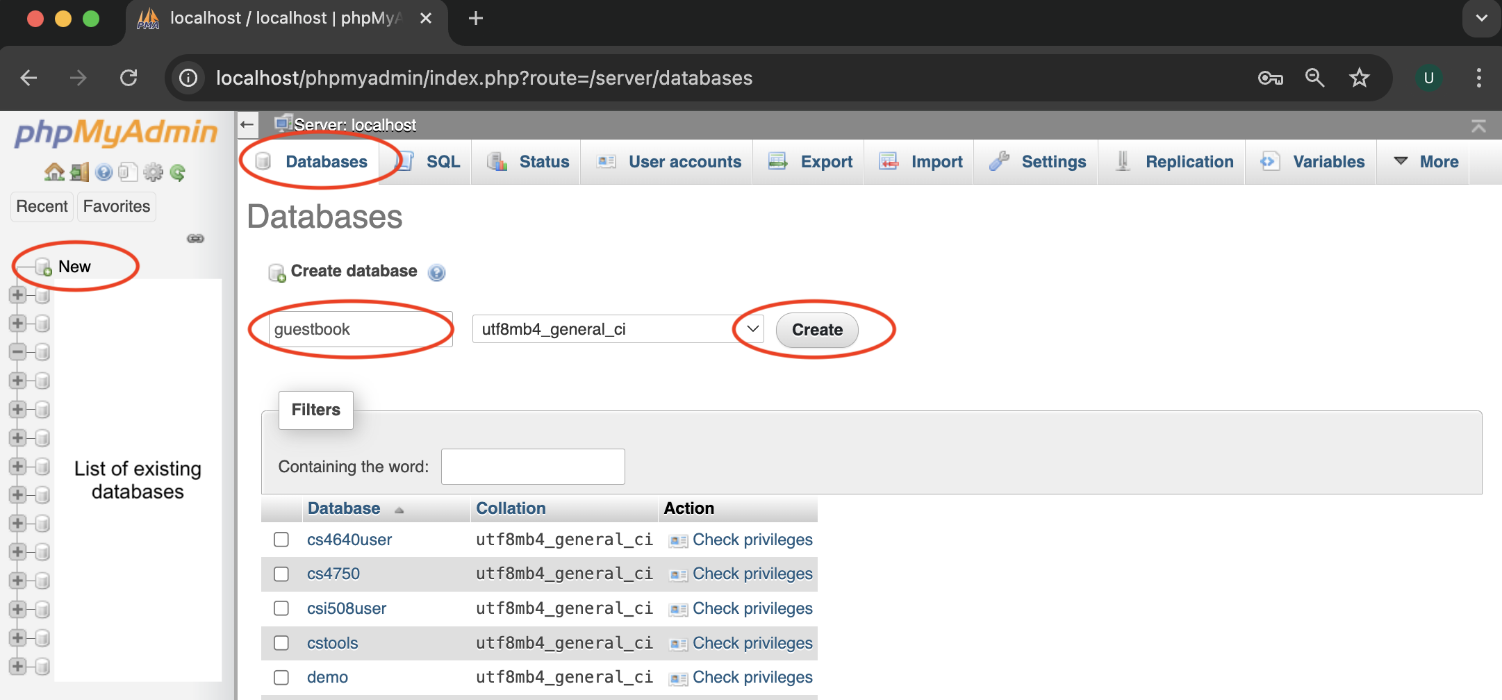 screen showing the create database screen of phpMyAdmin