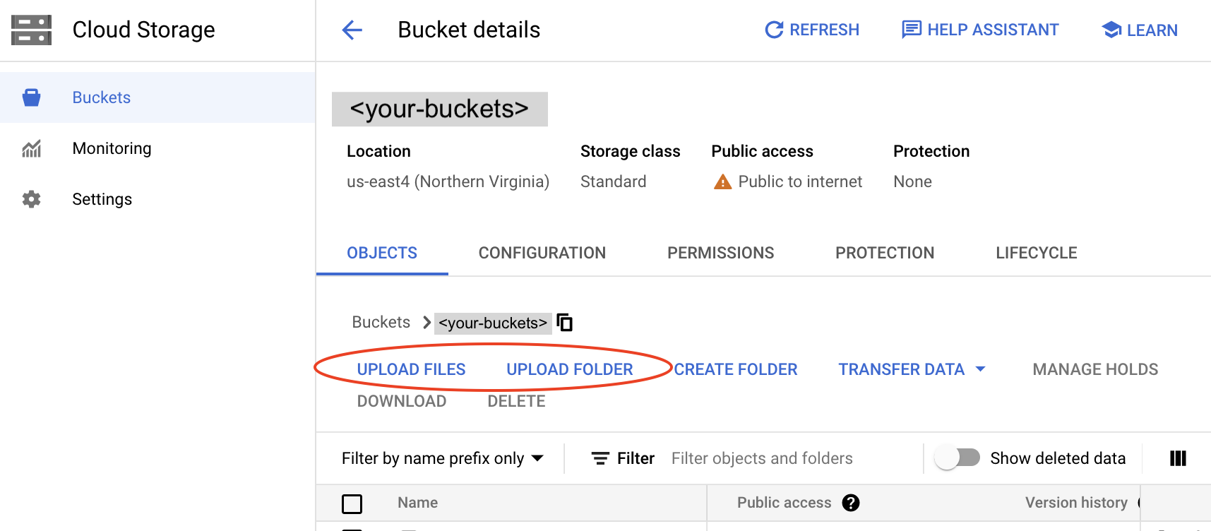 image showing how to upload files and folders to GCP storage