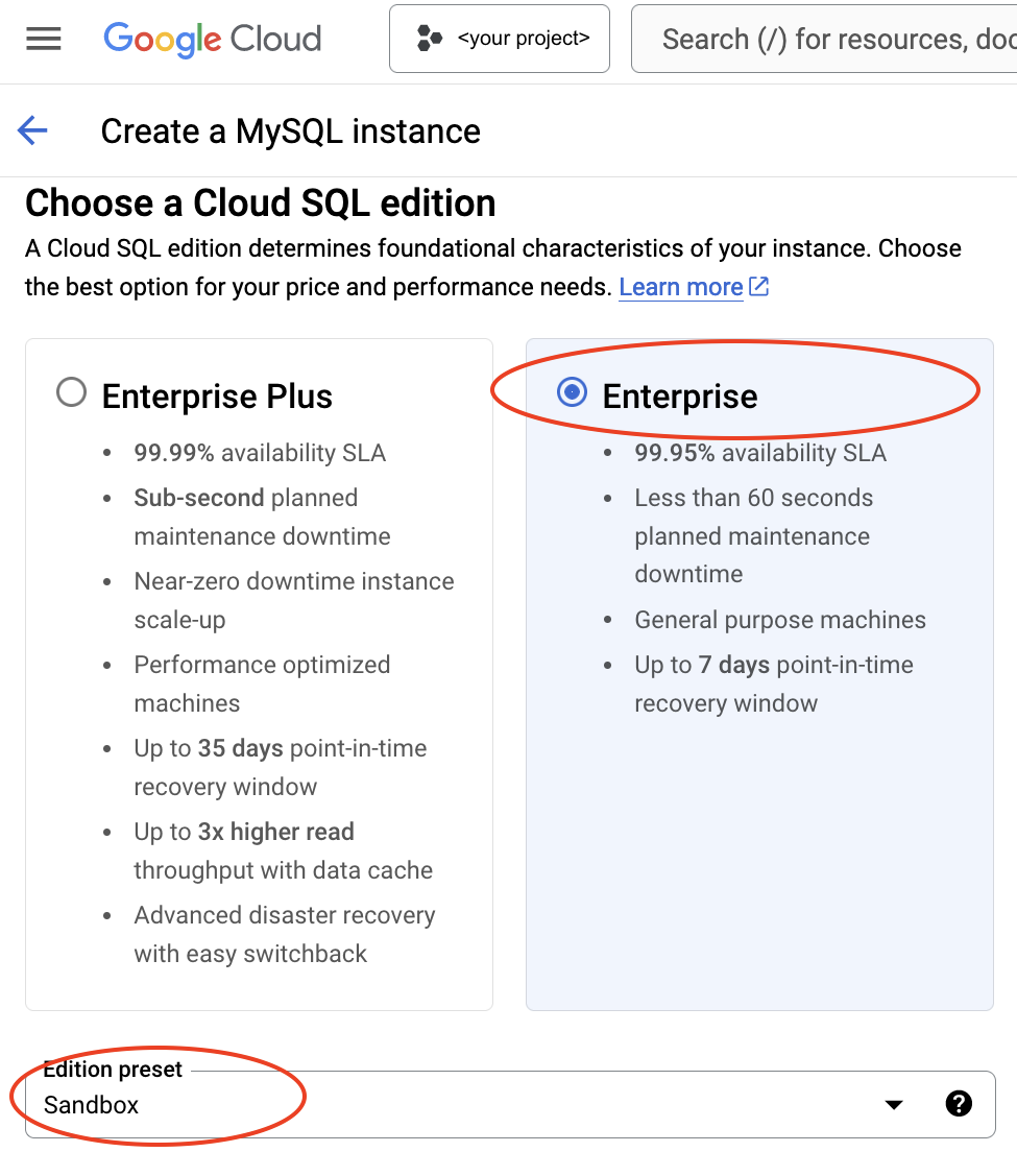 image showing how to create a SQL instance