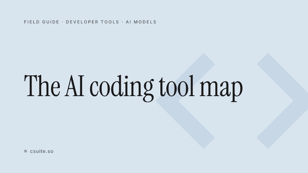 The AI coding tool map: title card on a soft background with a faint code-brackets silhouette on the right.