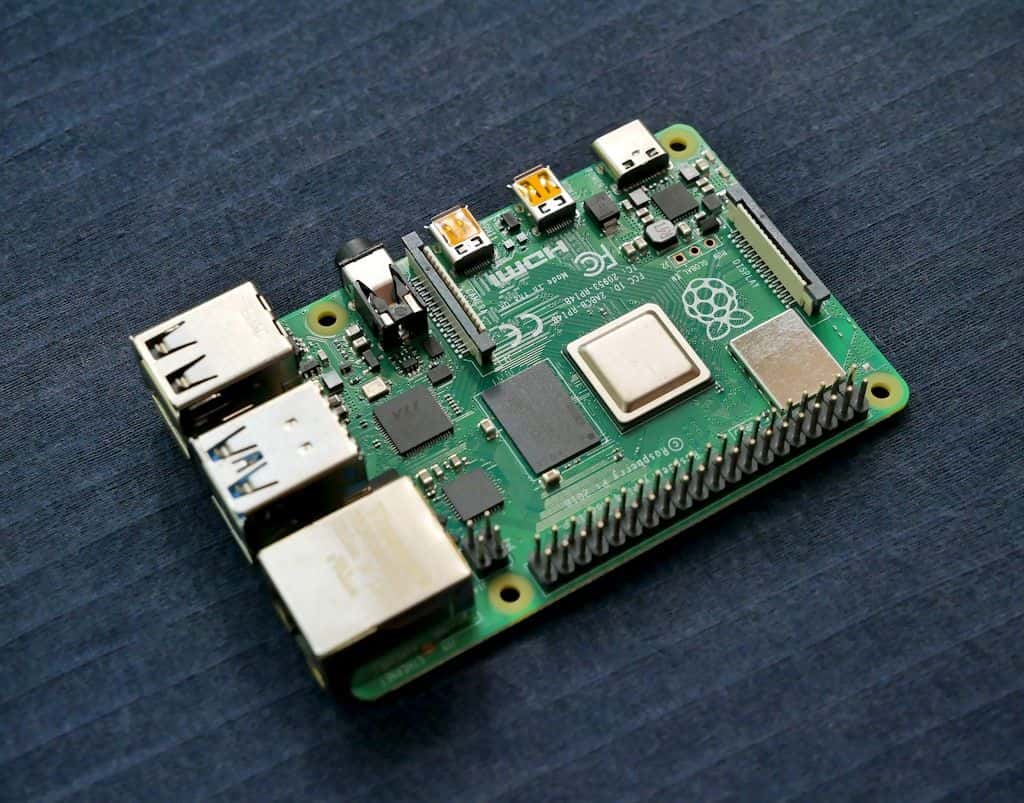 A Raspberry Pi single-board computer on a desk.