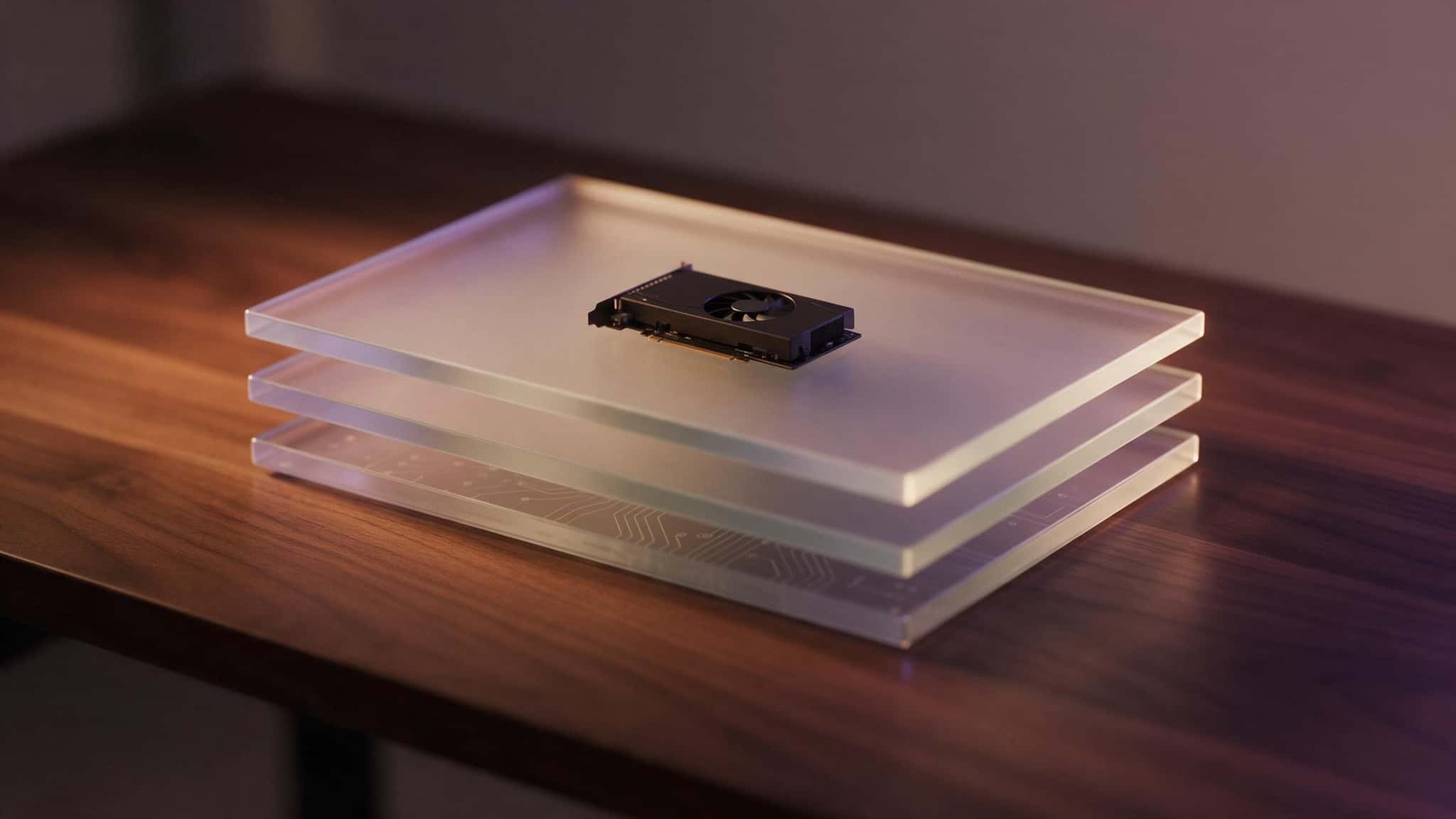 Three translucent frosted-glass slabs stacked on a dark walnut desk, lit in amber and violet, with a small black graphics card resting on the top slab.
