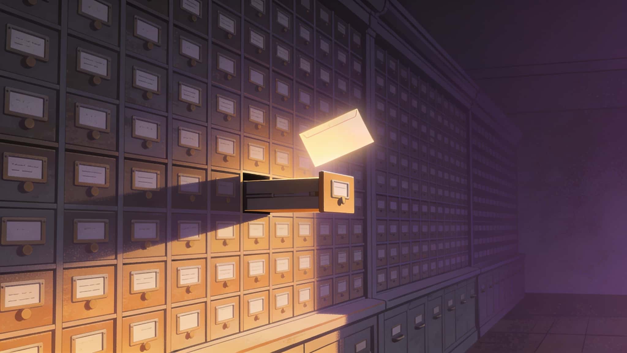 A wall of small labeled card-catalog drawers, one drawer open with a glowing index card floating above it