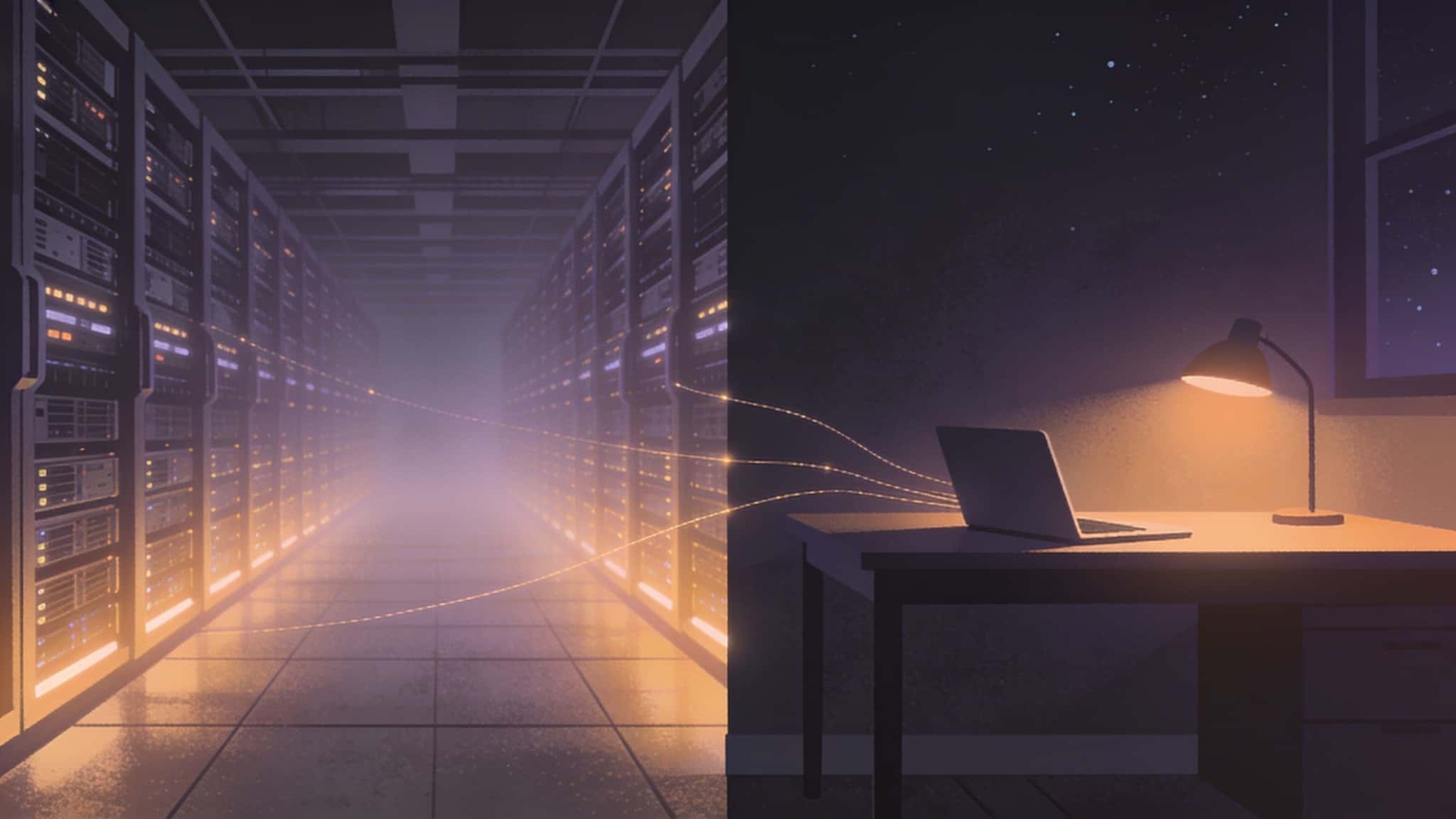 Split illustration: a vast datacenter hall on the left, a single laptop on a desk at night on the right, connected by thin luminous threads