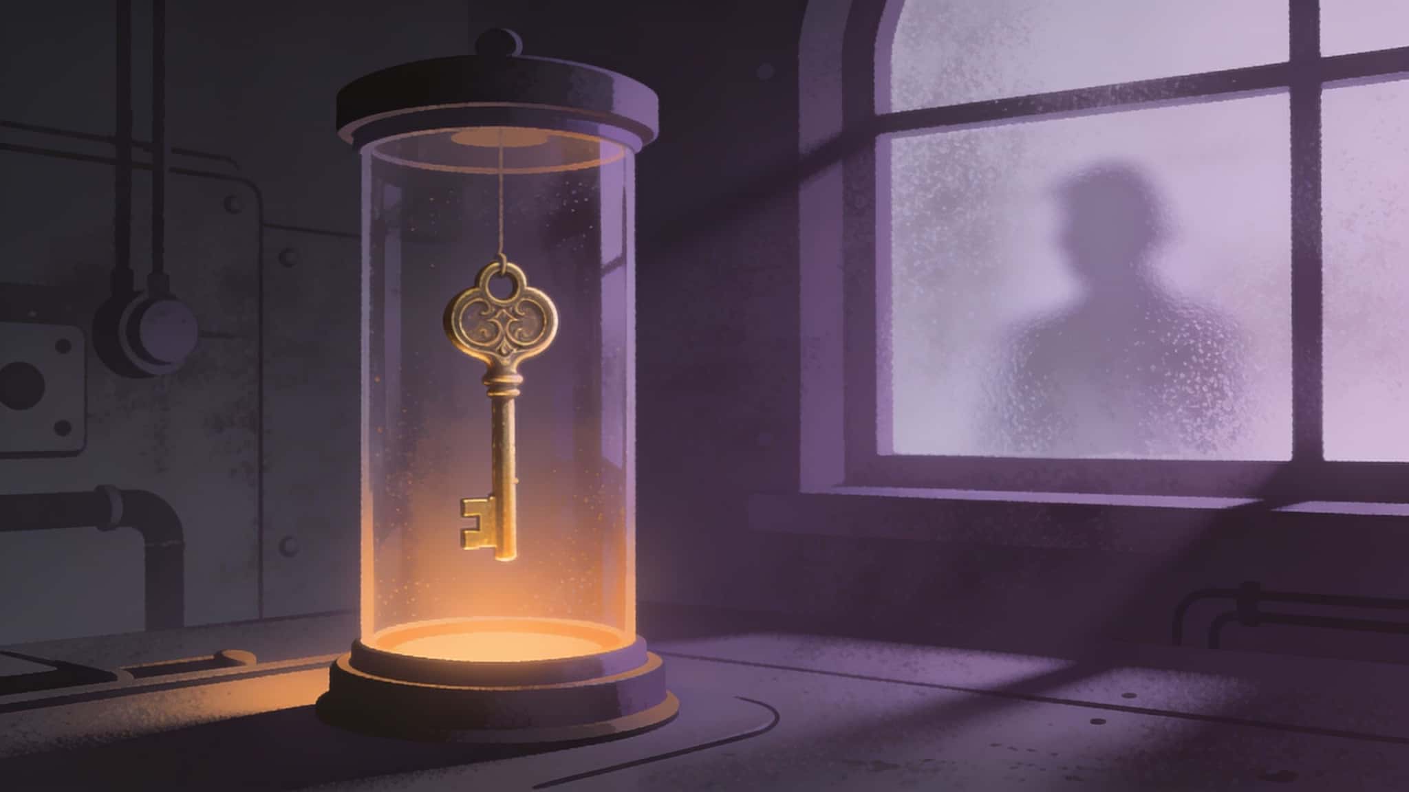 A brass key sealed inside a glass cylinder in a dim machine room, warm glow on the key and violet shadows around it