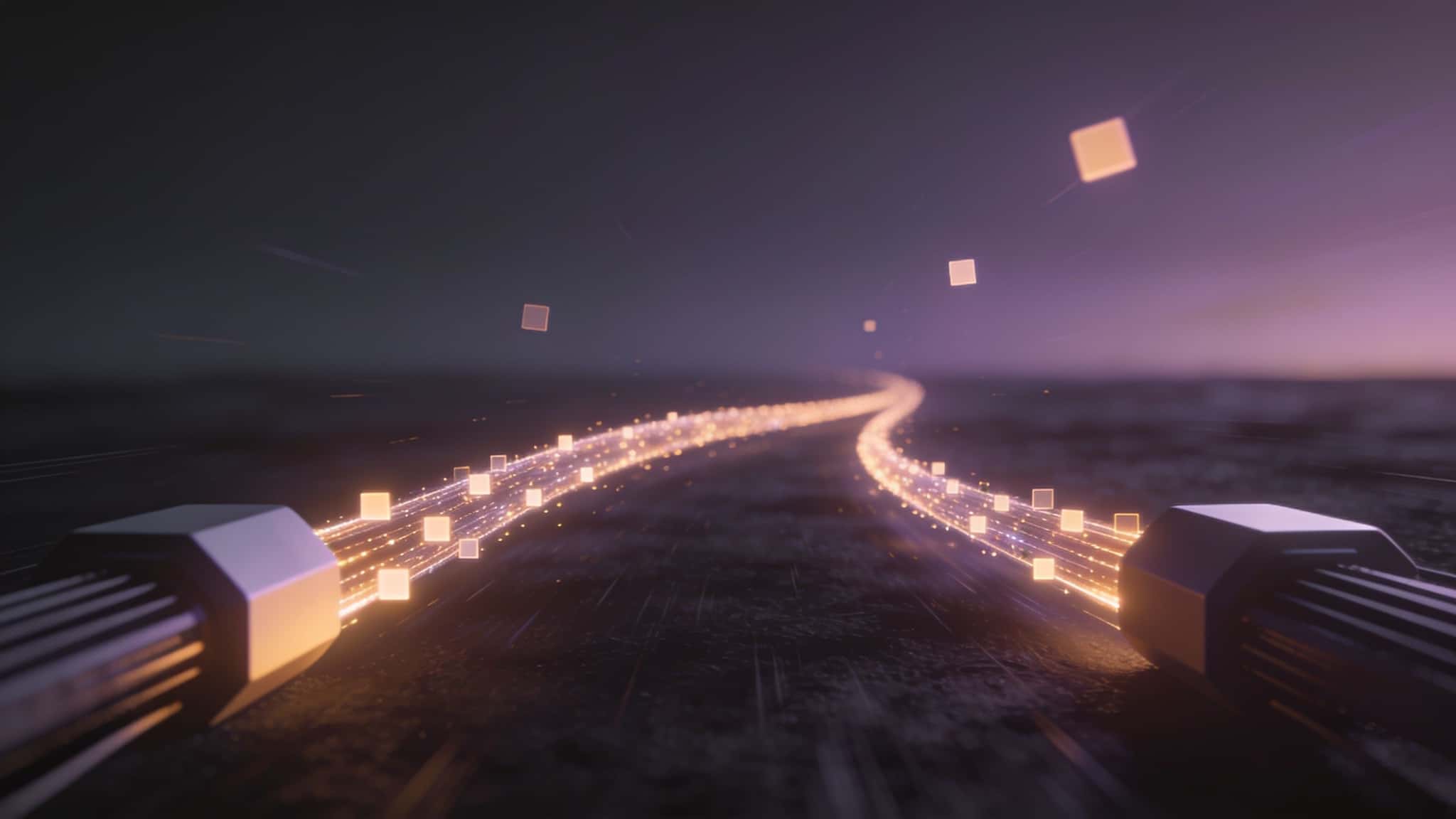 Abstract ribbon of glowing squares streaming between two terminals, a few squares drifting away from the ribbon