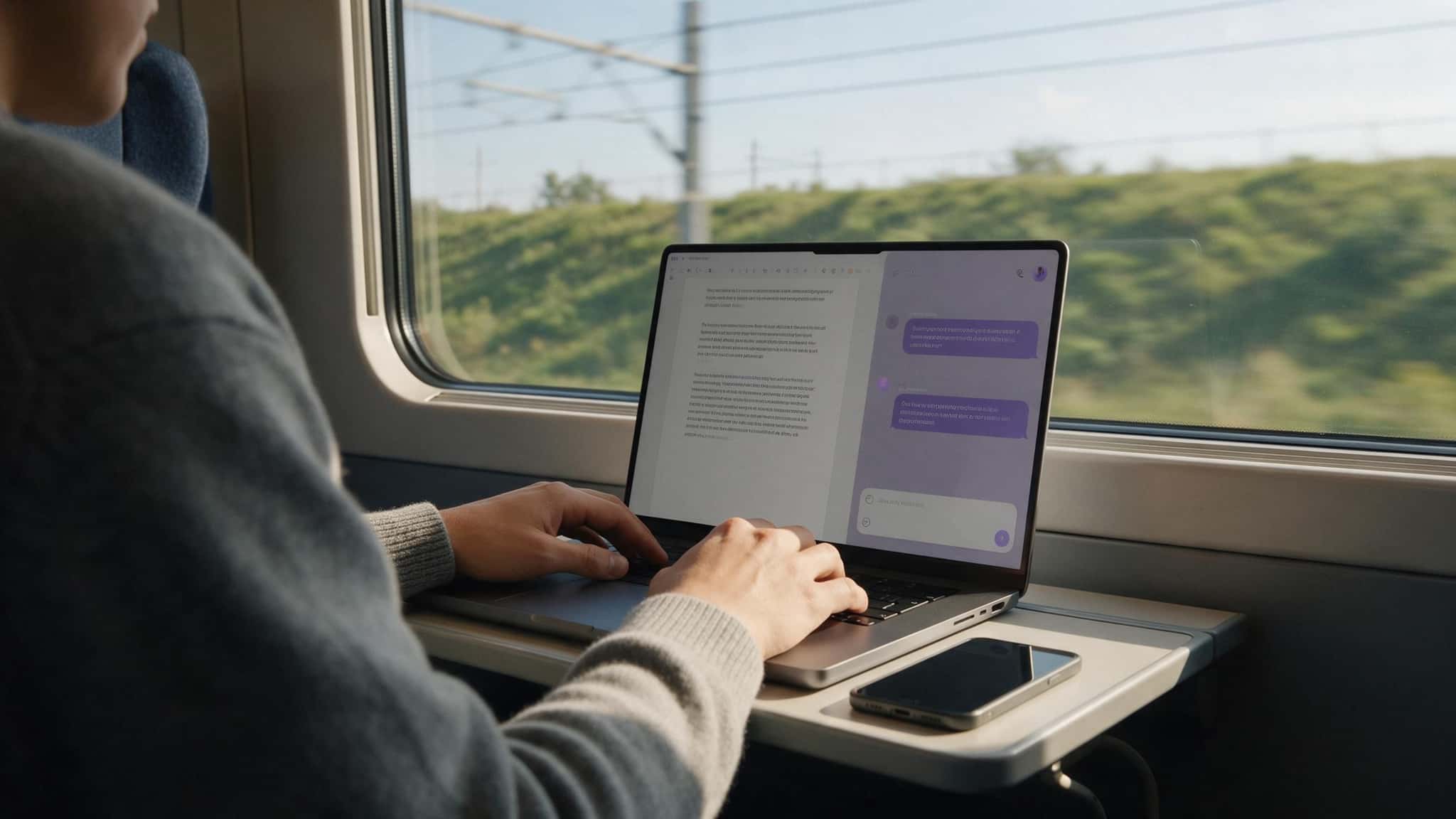 Over the shoulder of a passenger on a train, a laptop on the fold-out table shows a document with an assistant reply panel, green embankment and overhead wires blurred outside the window.
