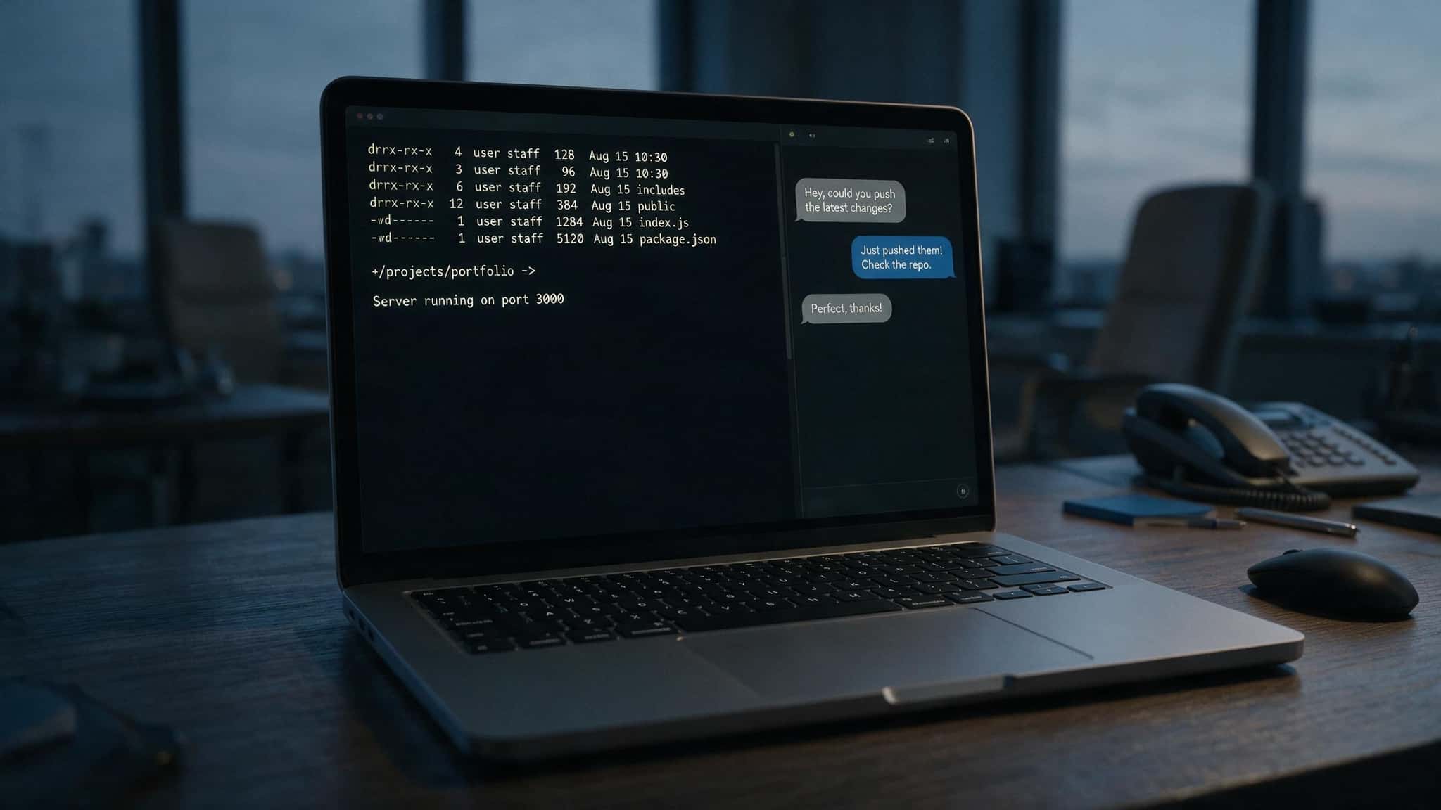 A laptop on a dark office desk at dusk, its screen showing a terminal beside a chat panel.