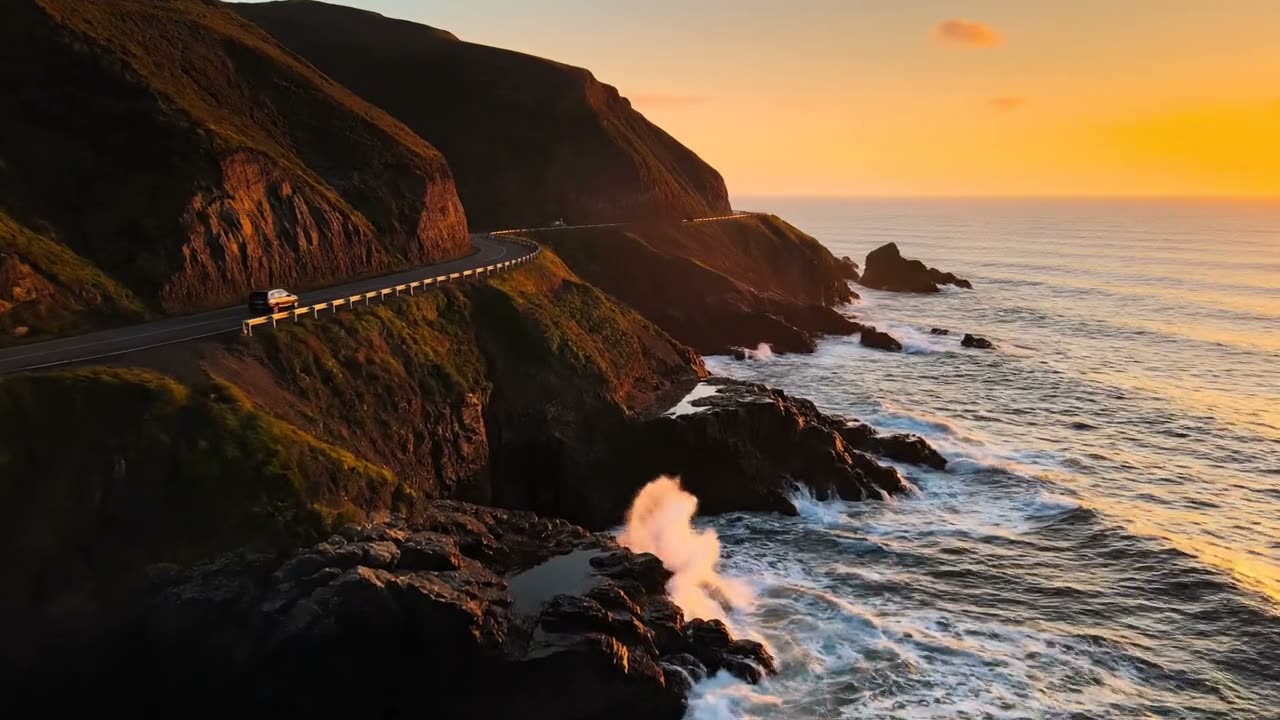 Aerial view of a coastal cliff road at golden hour, waves breaking below