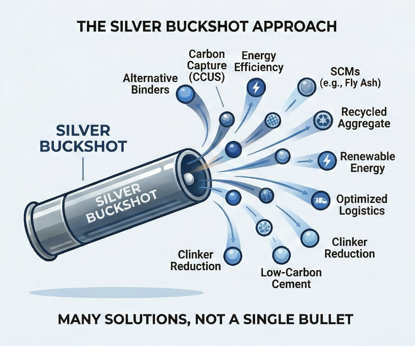 The Silver Buckshot Approach — many solutions, not a single bullet. Carbon capture, alternative binders, SCMs, renewable energy, clinker reduction, low-carbon cement, and more.