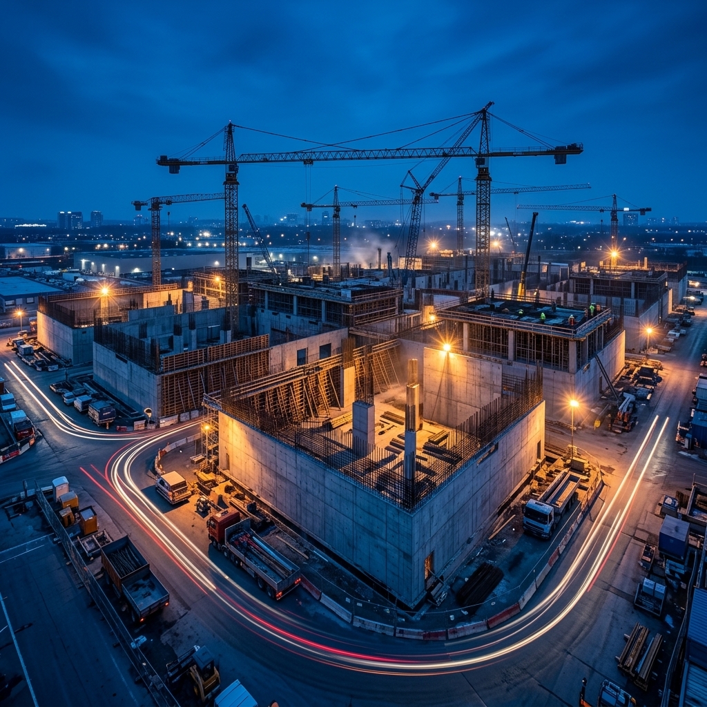 Data center construction with concrete foundations
