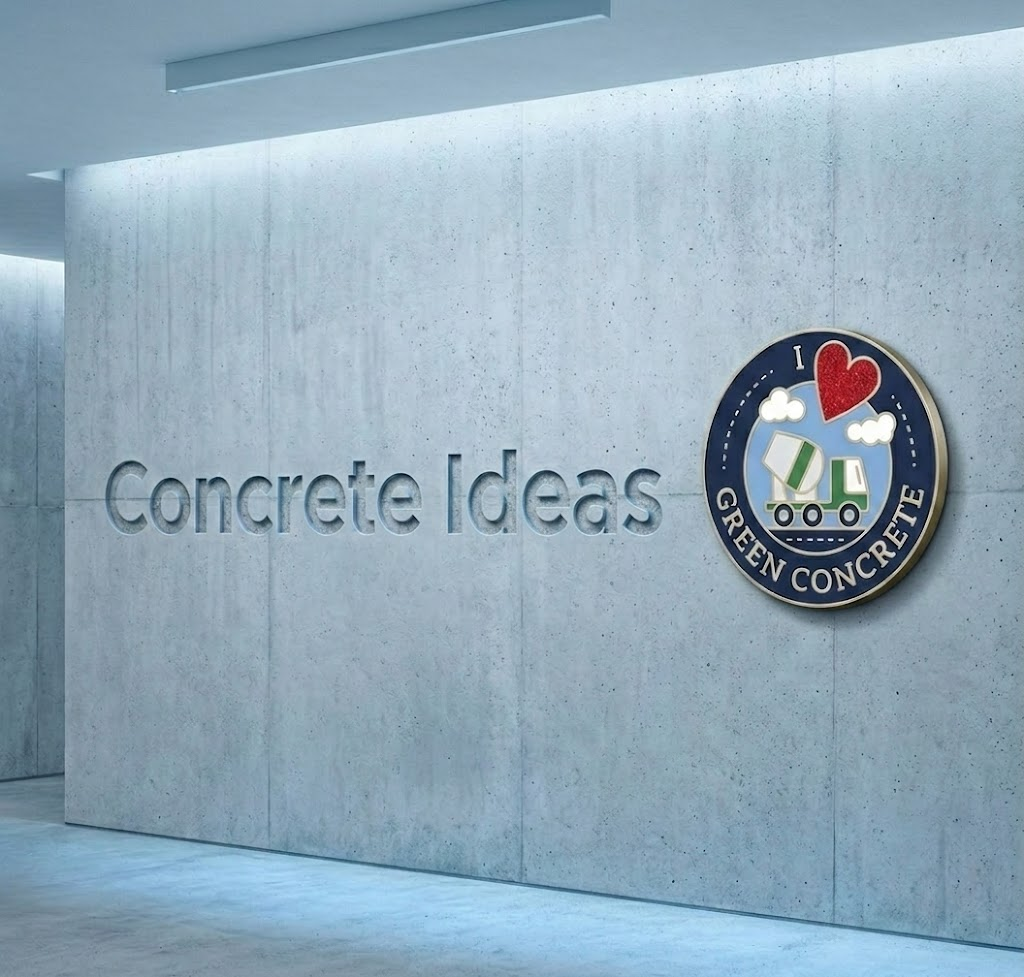 Concrete Ideas, beside an I heart green concrete badge cast into a concrete wall