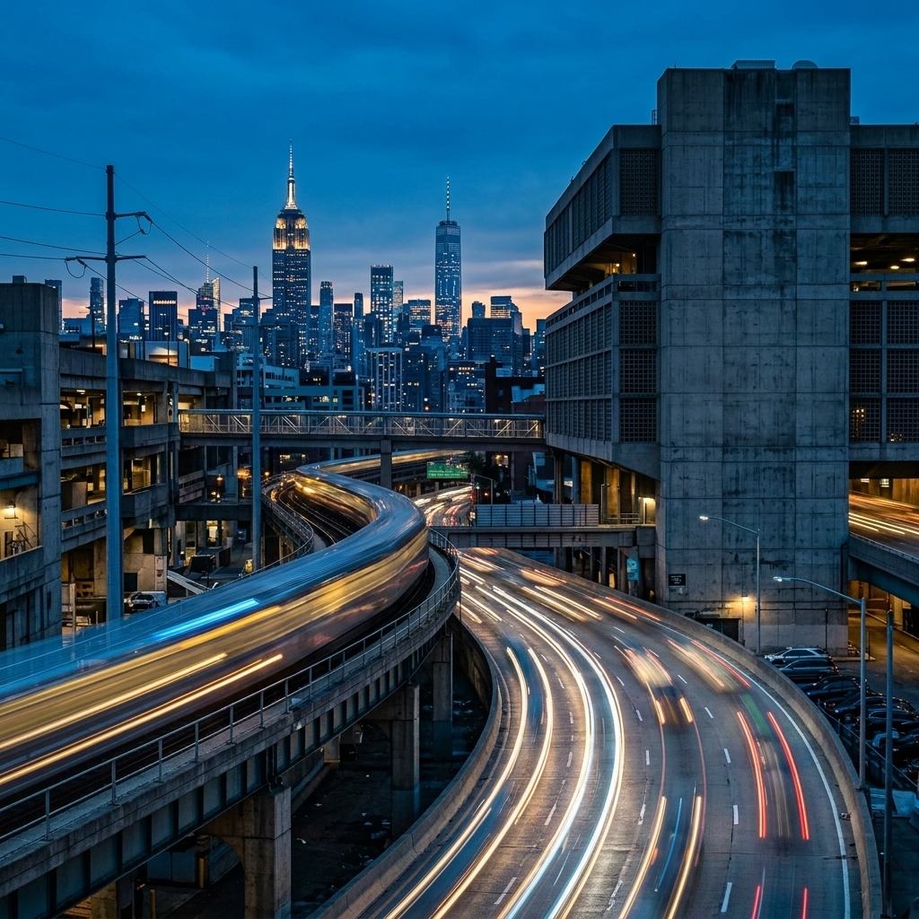 Financial district skyline at dusk with concrete infrastructure