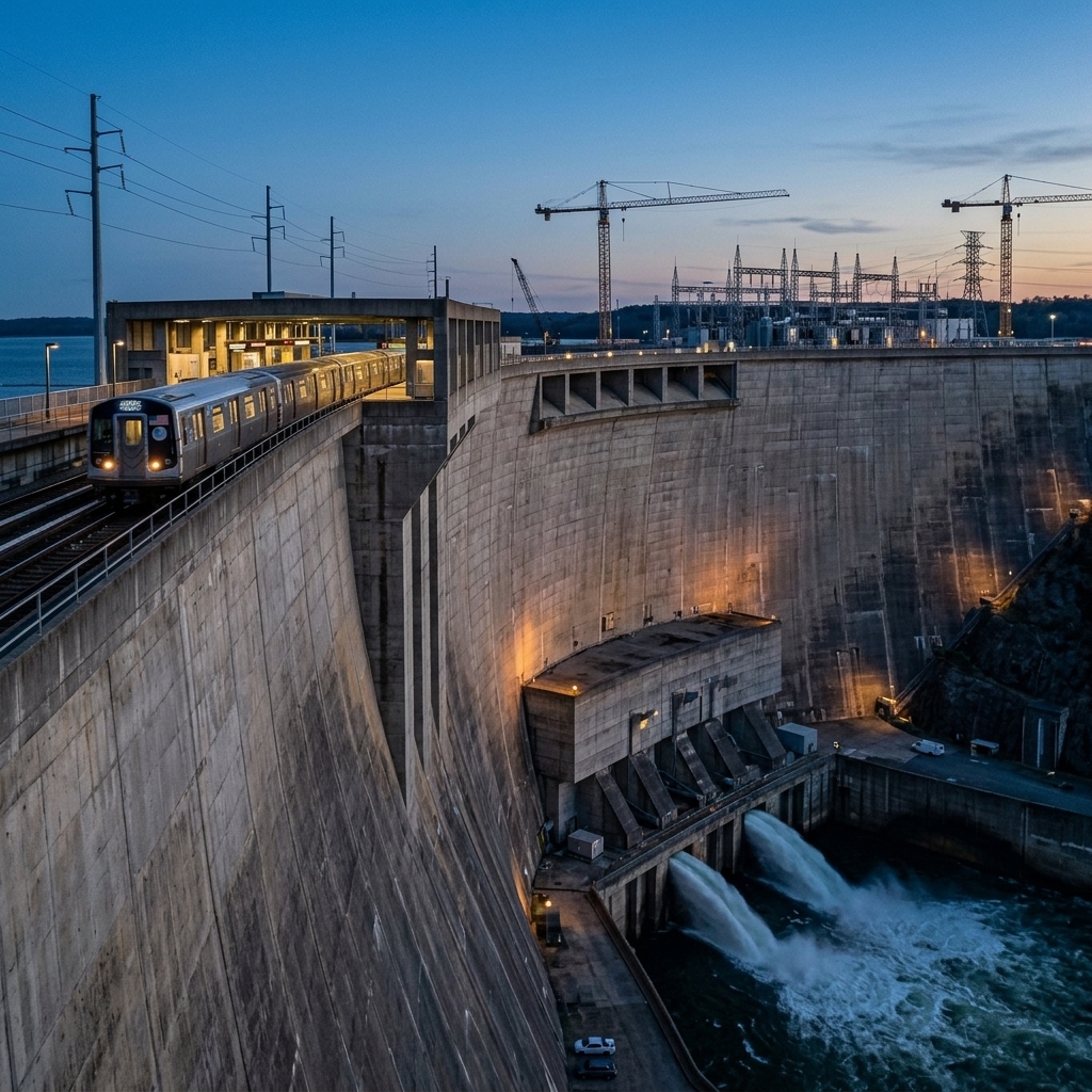 Monumental concrete dam infrastructure at dusk